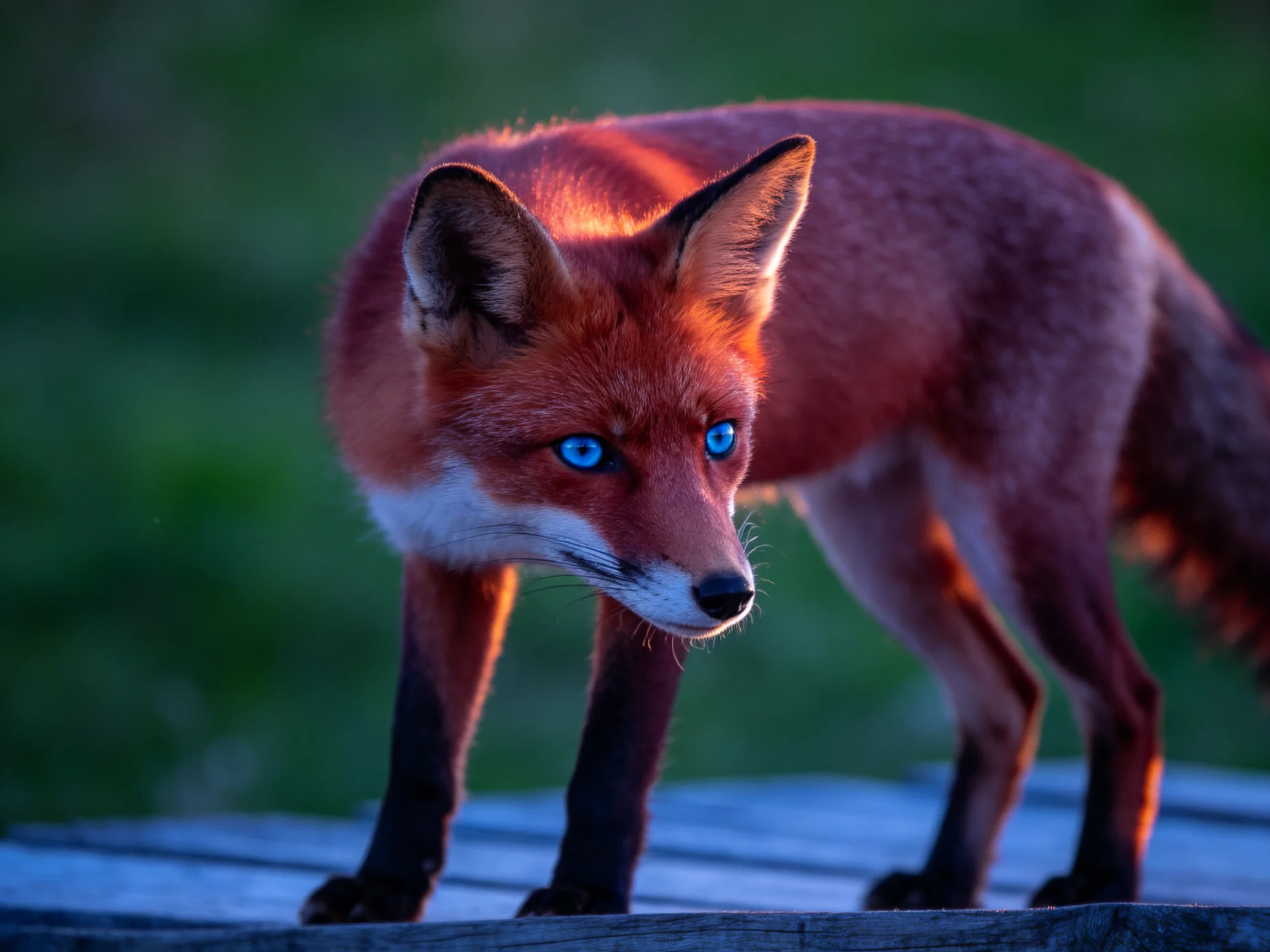 A red fox with striking blue eyes stands on a wooden platform
