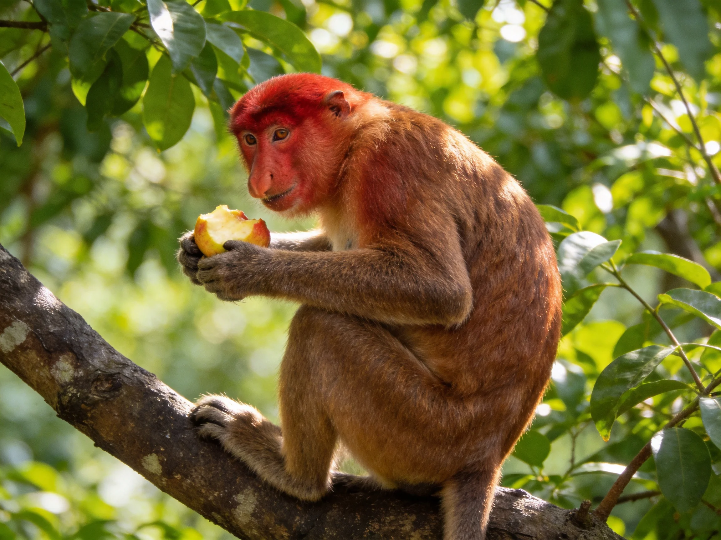 A red-headed monkey sits on a tree branch eating fruit.