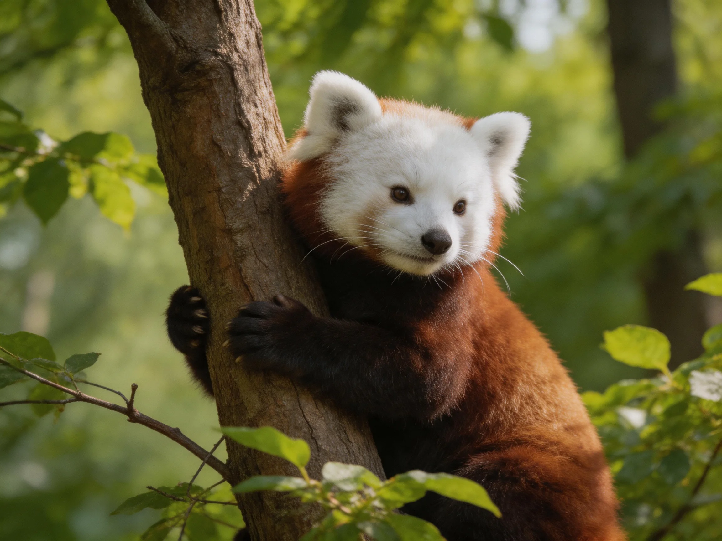 A red panda clings to a brown tree trunk amid lush green foliage
