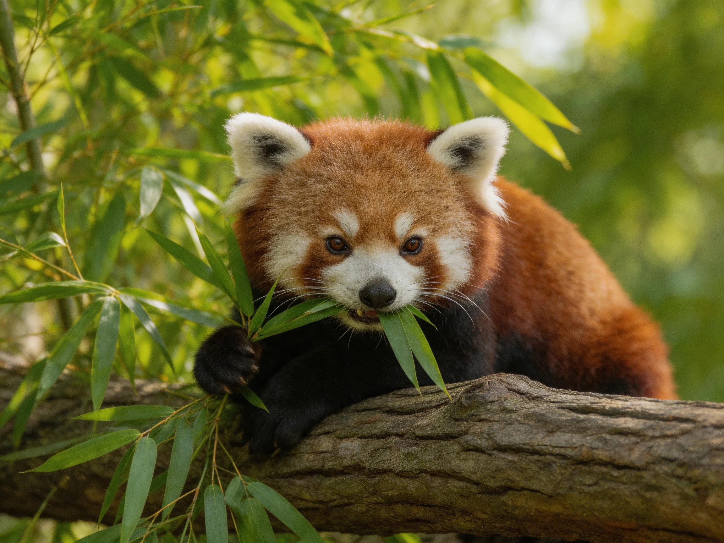 A red panda munches bamboo leaves on a tree branch