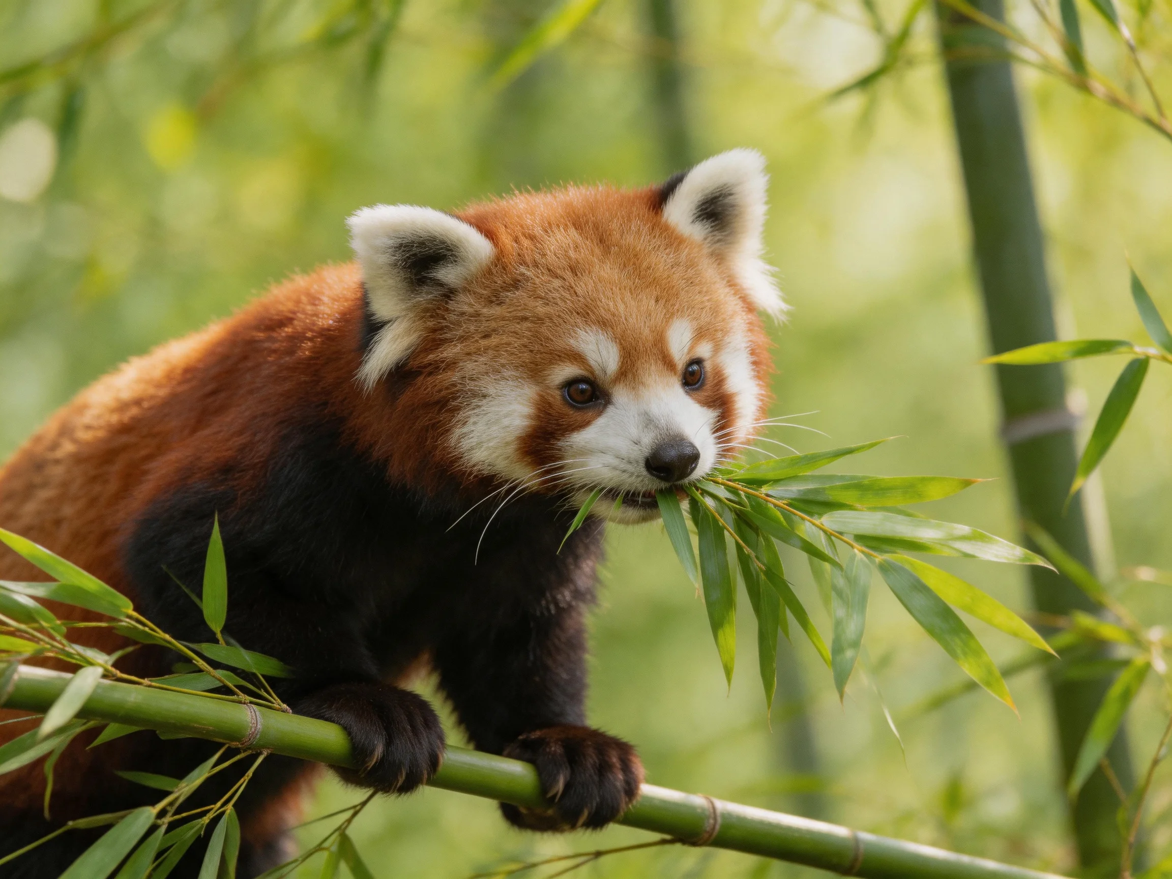 A red panda munching bamboo leaves in a lush green forest
