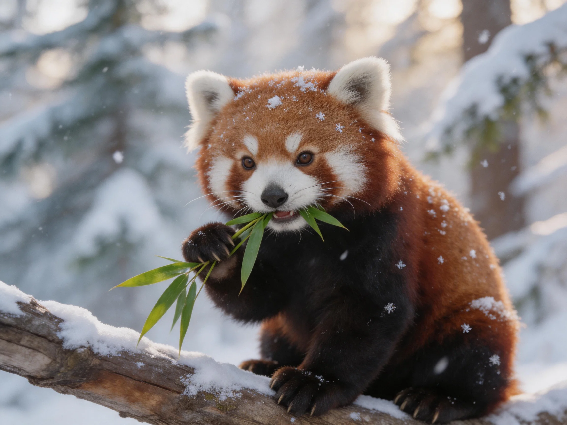 A red panda munching bamboo on a snow-dusted branch in a wintry forest