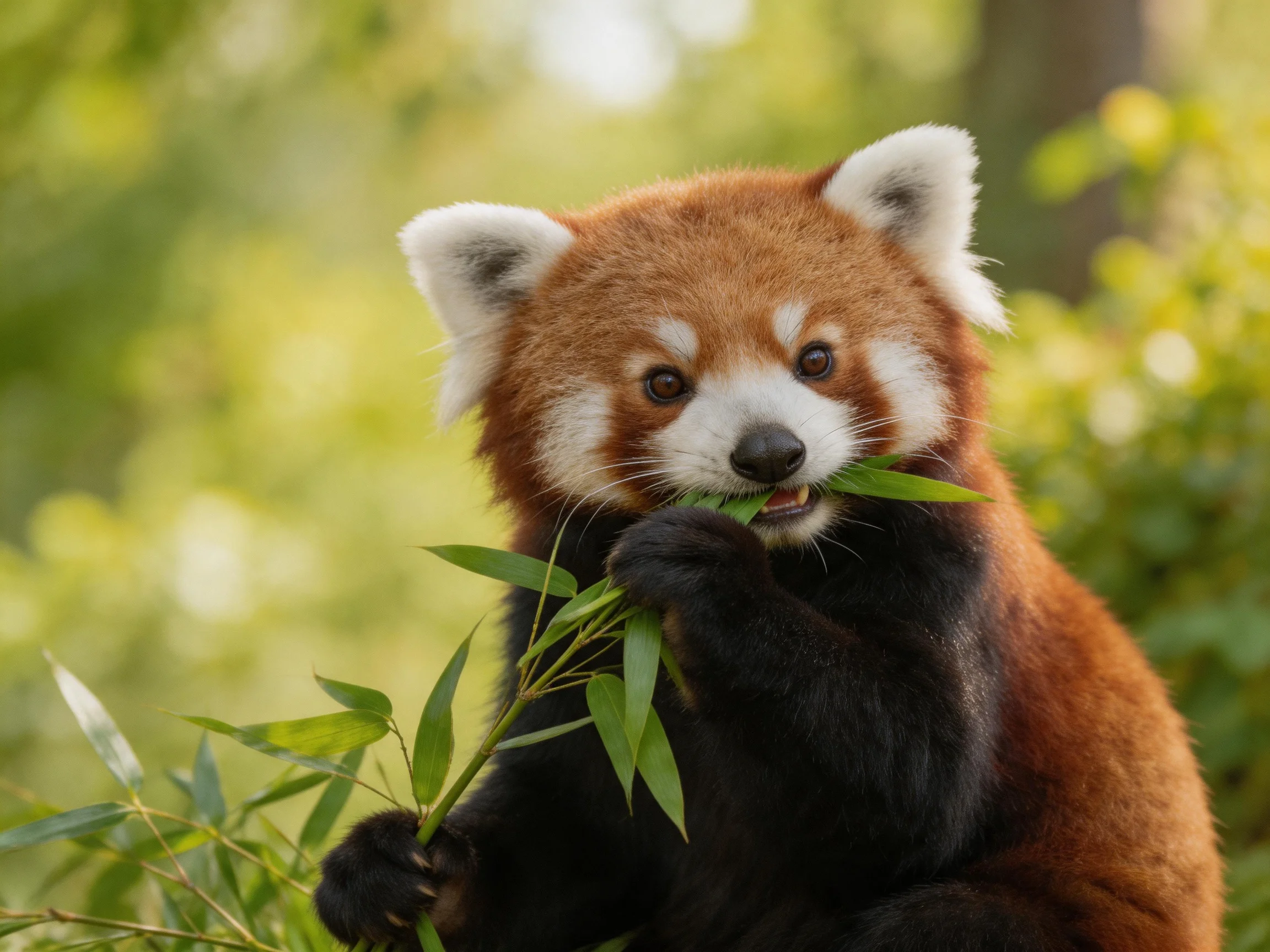 A red panda munching vibrant green bamboo leaves in a lush forest