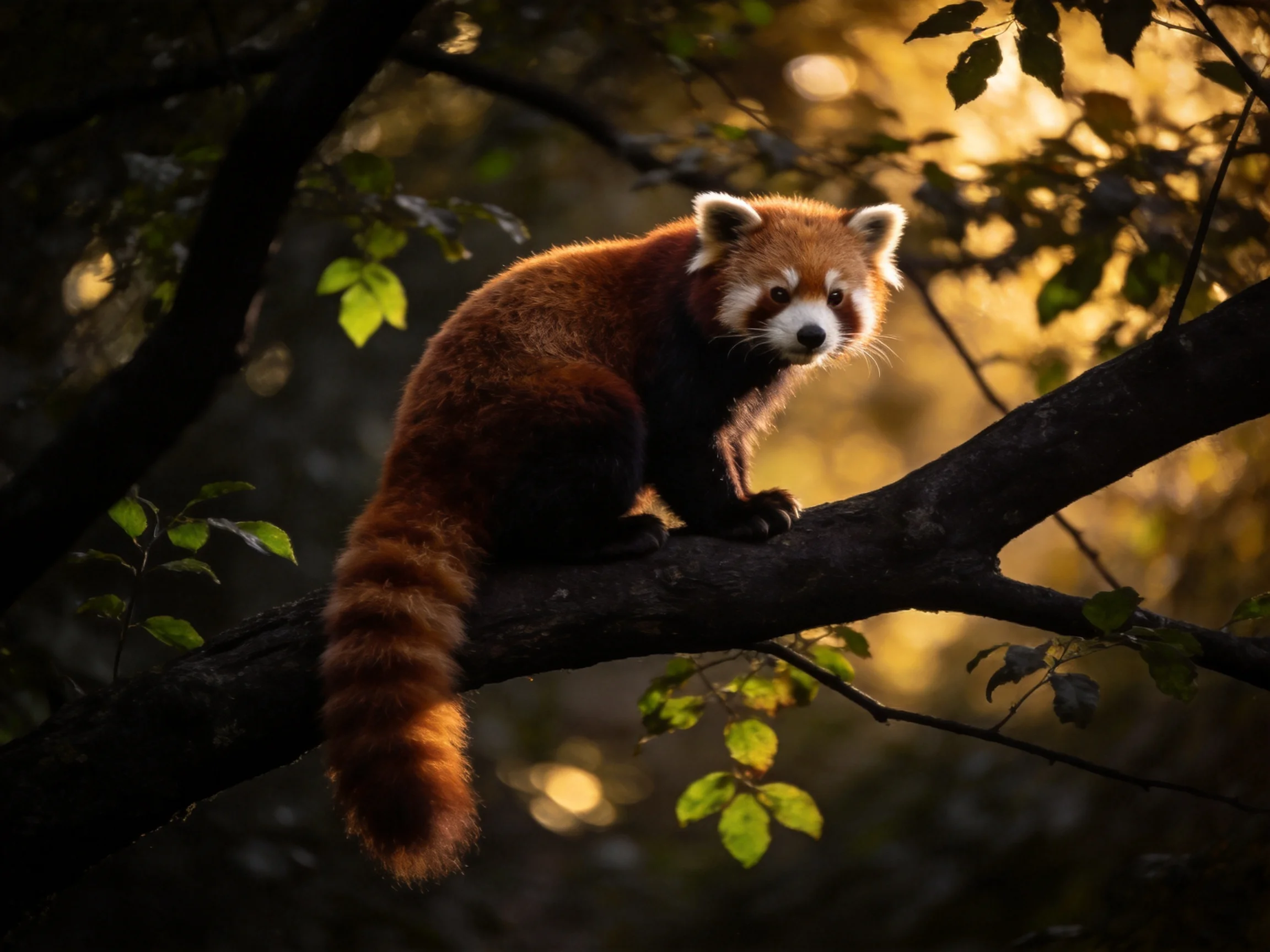 A red panda perched on a dark tree branch amid golden foliage