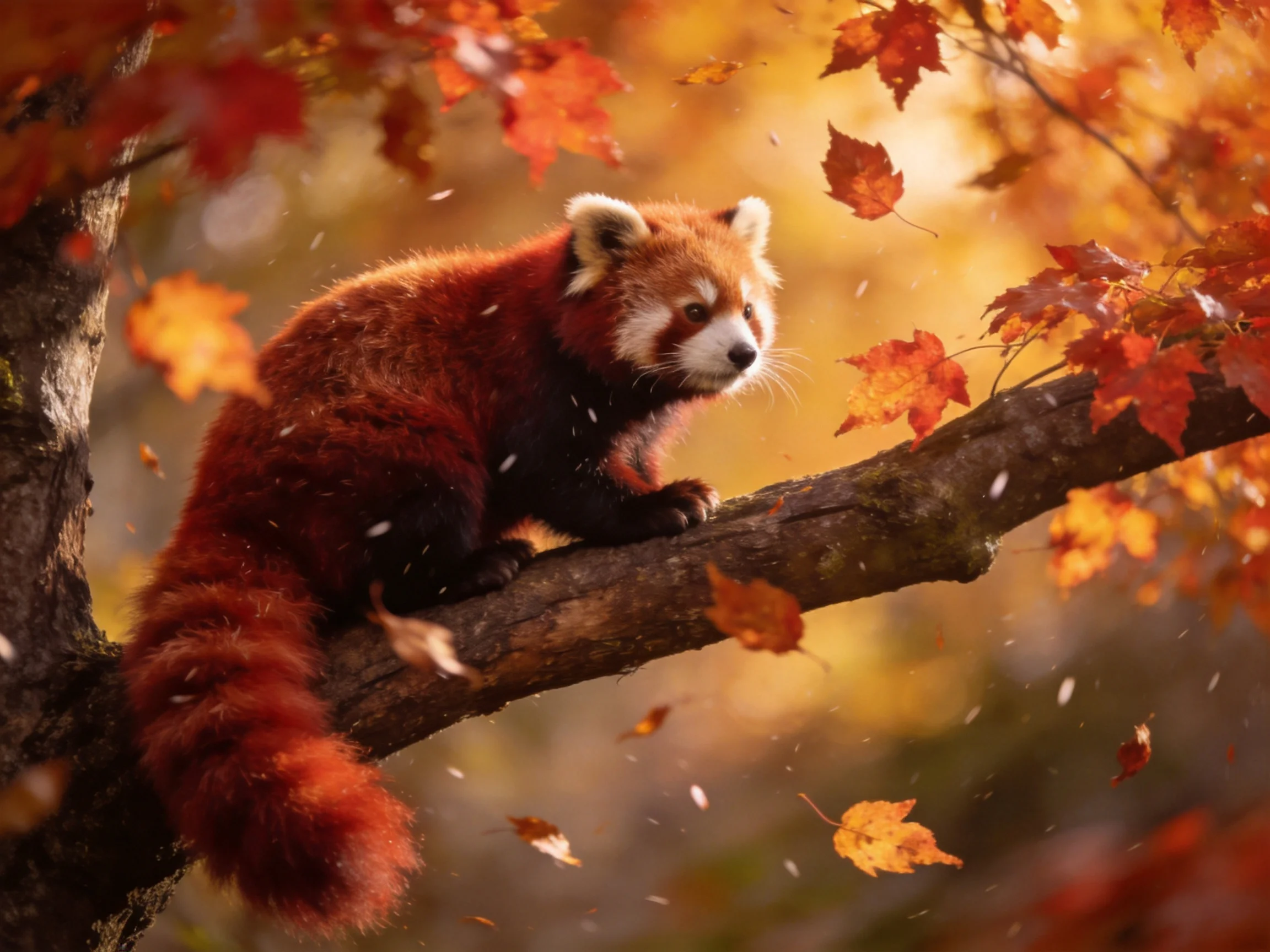 A red panda perched on a gnarled branch amid vibrant fall foliage