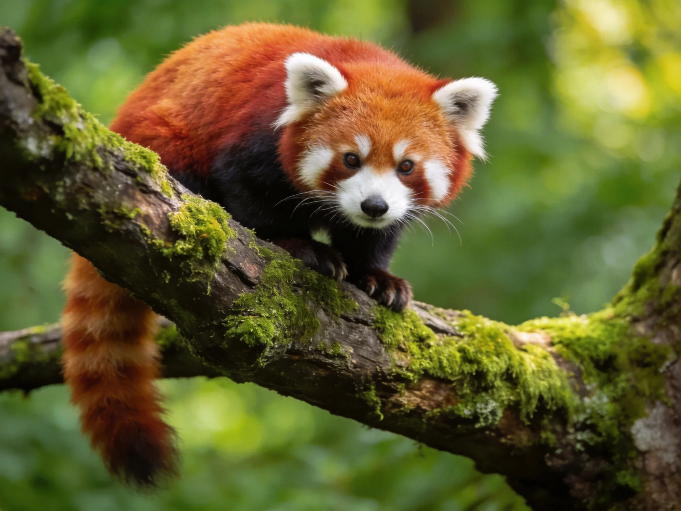 A red panda perched on a moss-covered tree branch in lush greenery