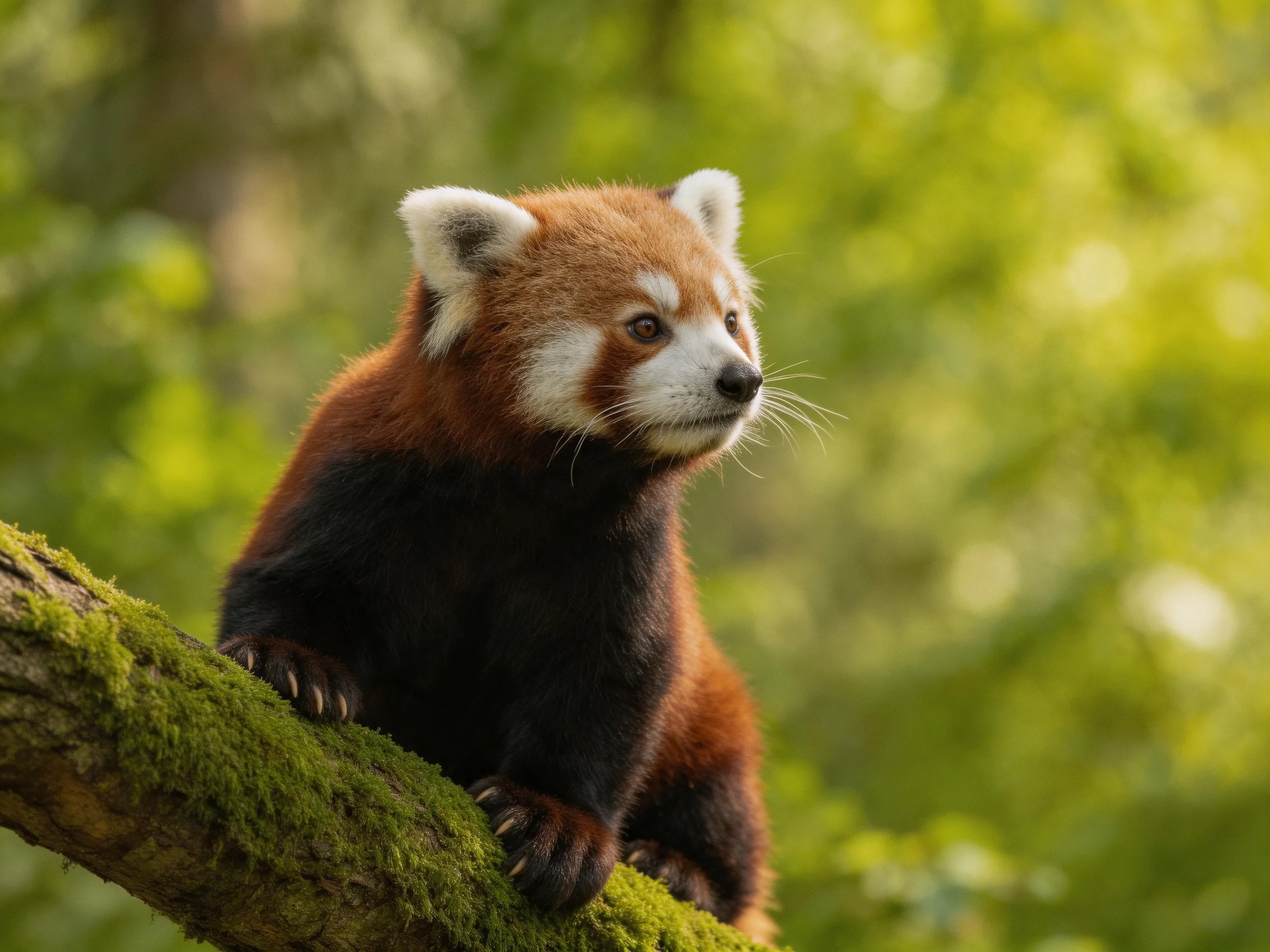 A red panda rests on a mossy tree branch amid vibrant green foliage.