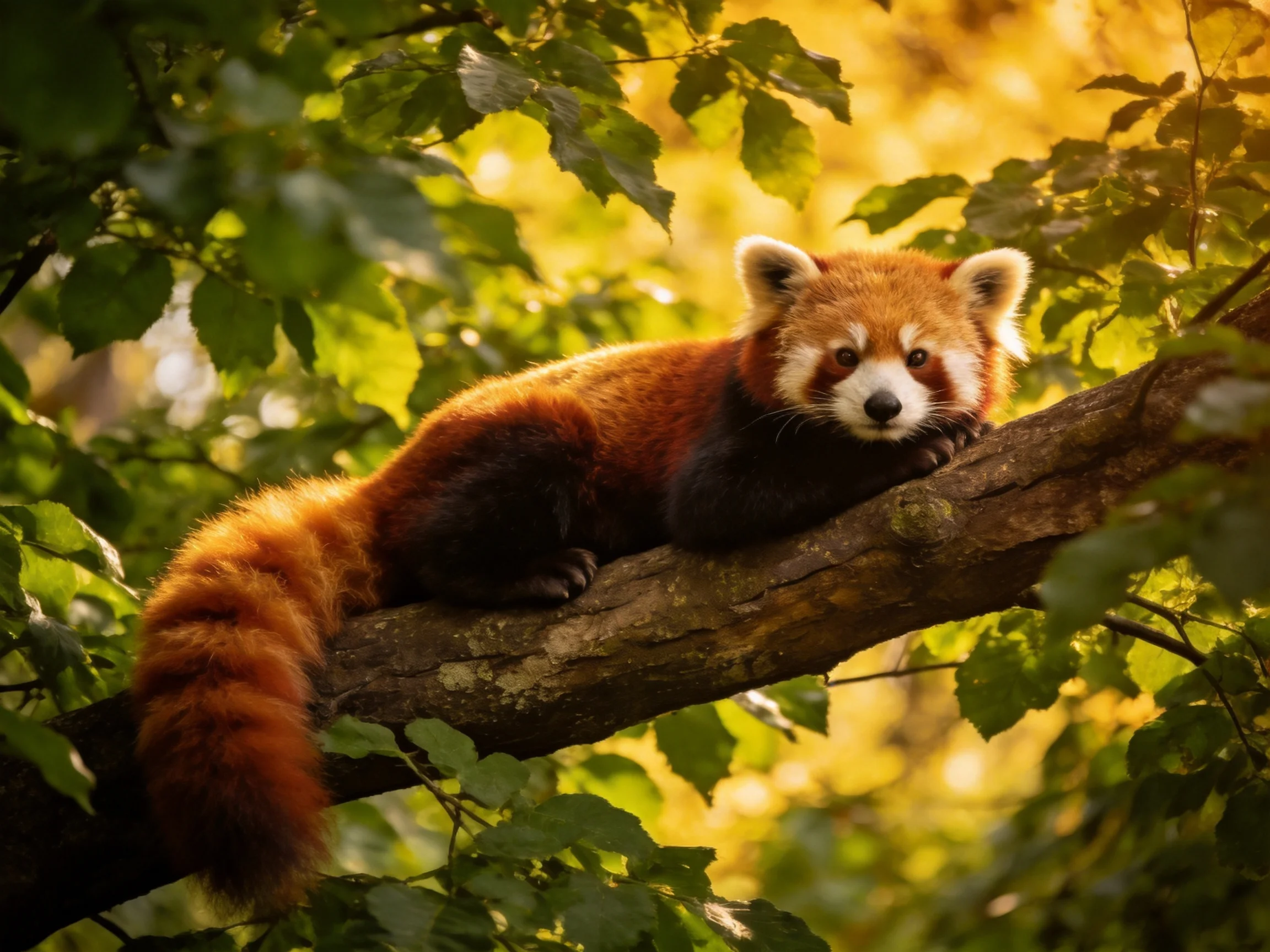A red panda relaxes on a tree branch surrounded by dense greenery.