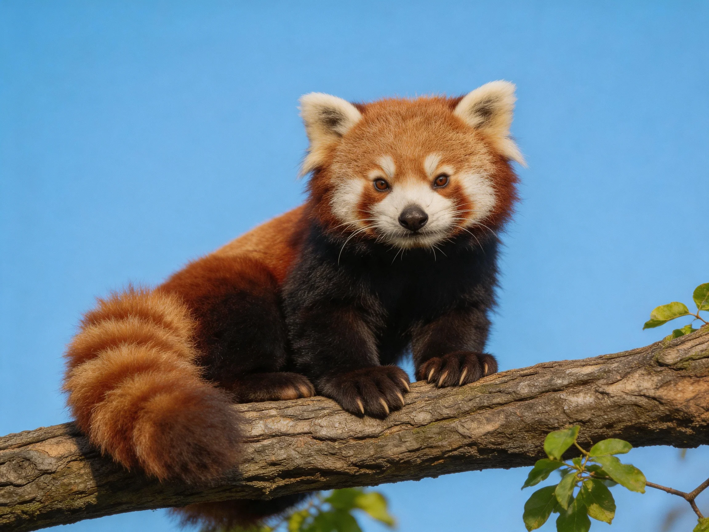 A red panda sits on a thick brown tree branch beneath a clear blue sky