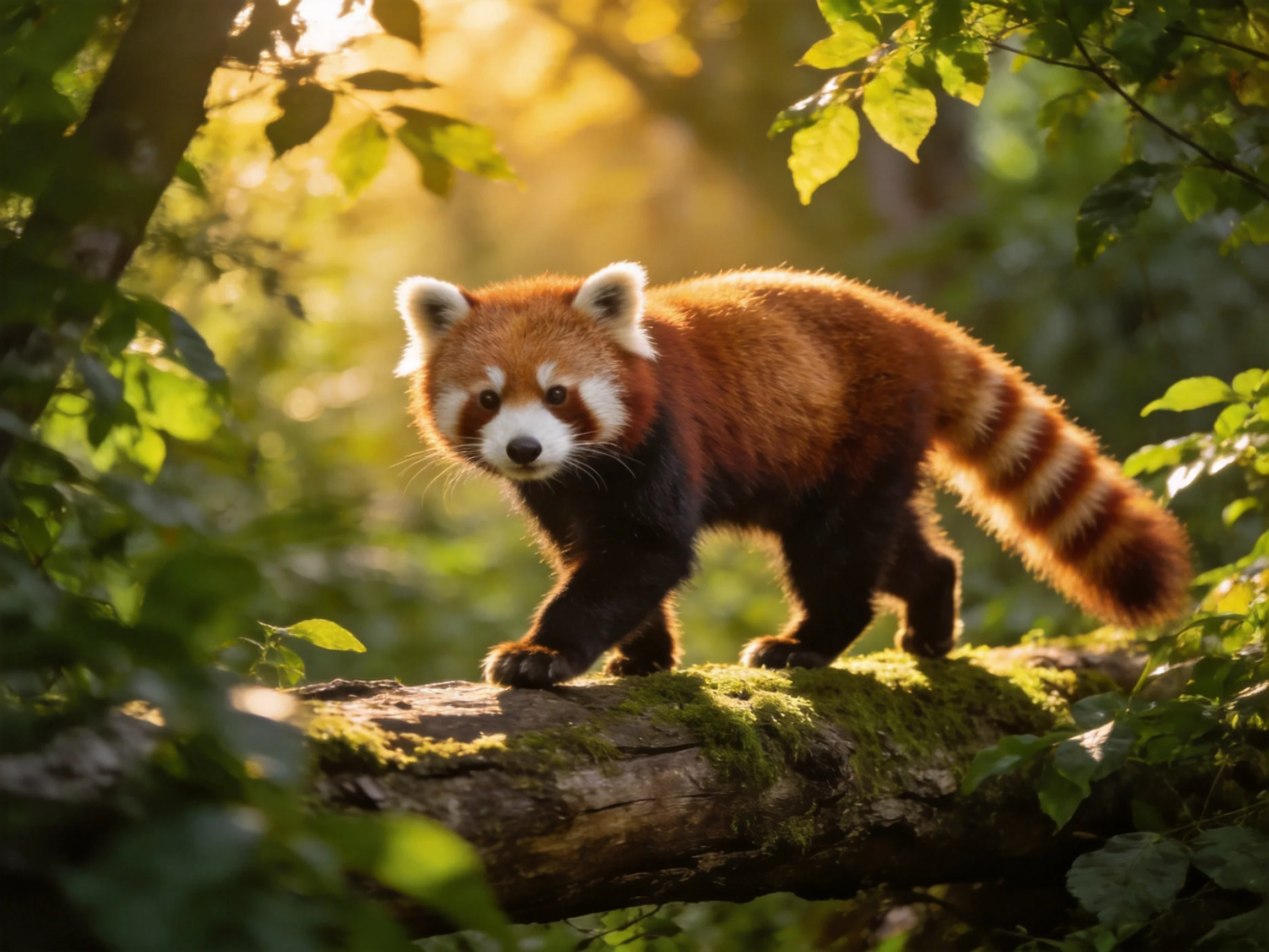 A red panda traverses a mossy log in a sun-dappled forest.