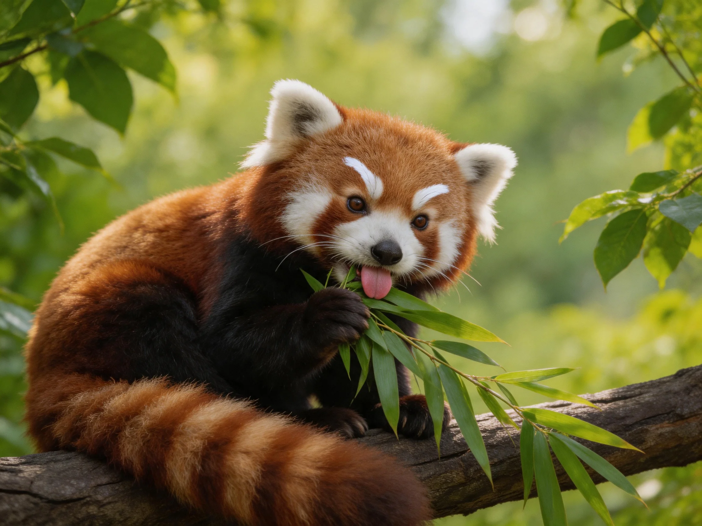 A red panda with reddish-brown fur eating bamboo on a tree branch