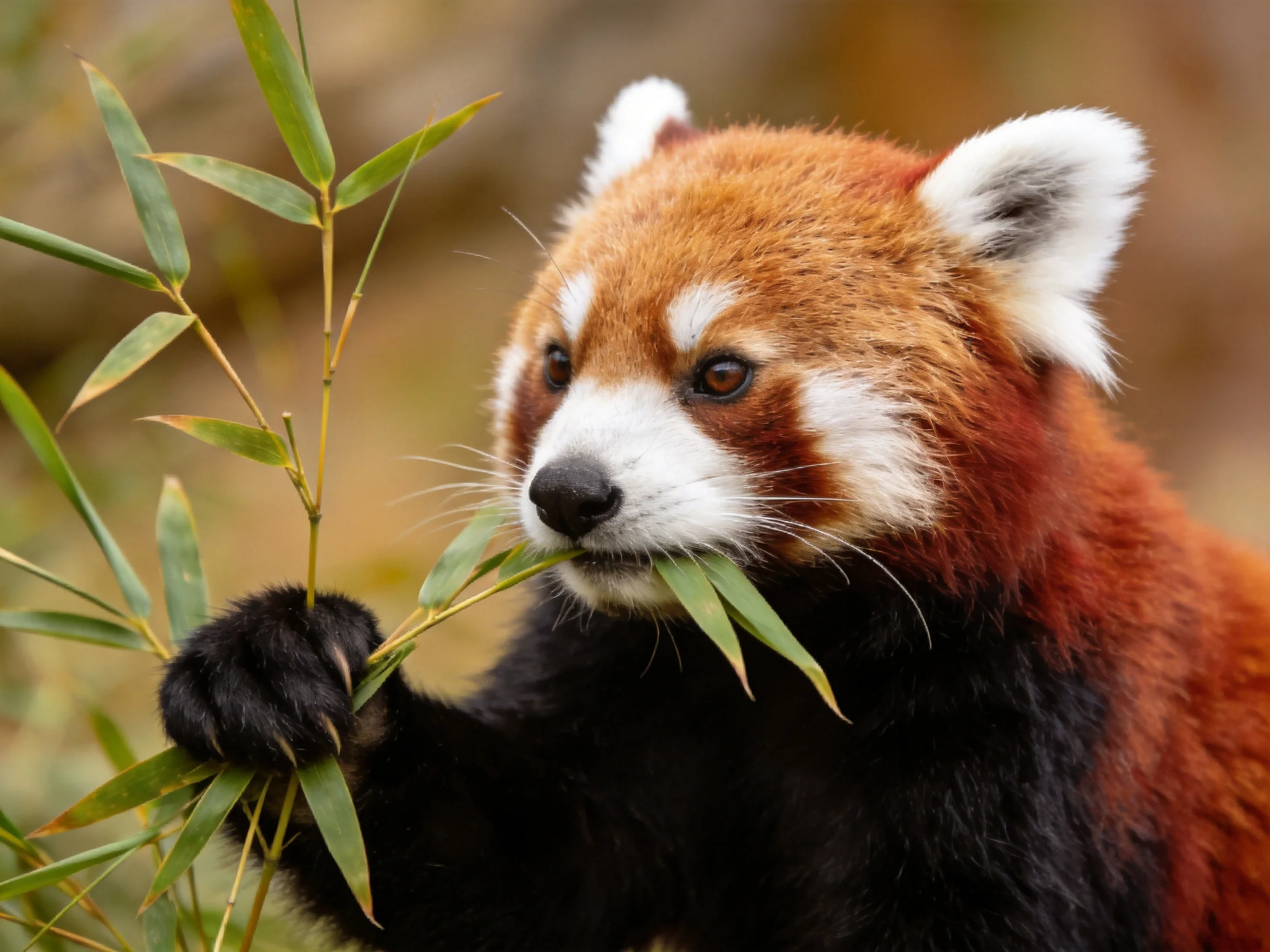 A red panda with reddish-brown fur munching on green bamboo