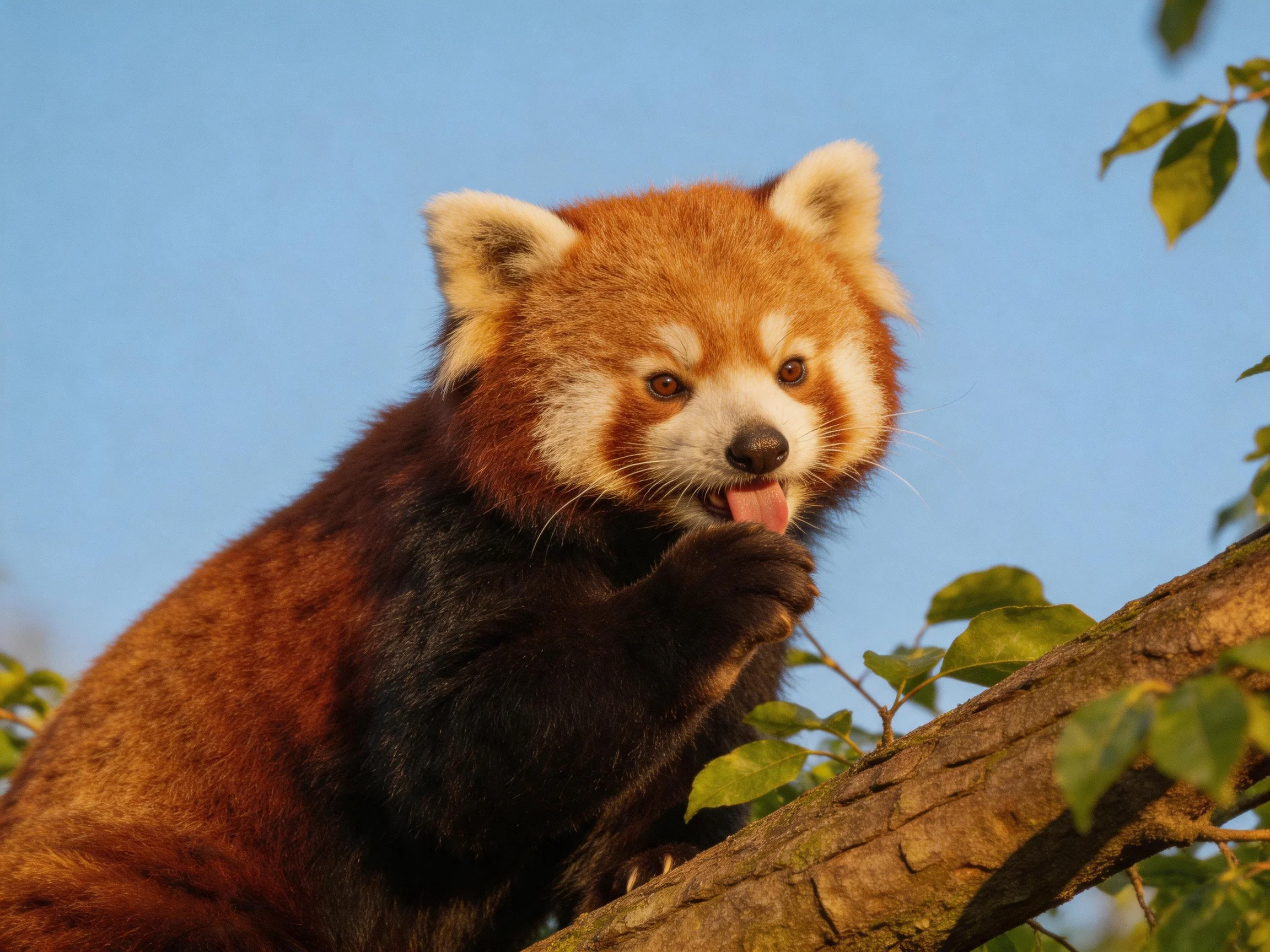 A red panda with reddish-brown fur sits on a tree branch near green leaves.
