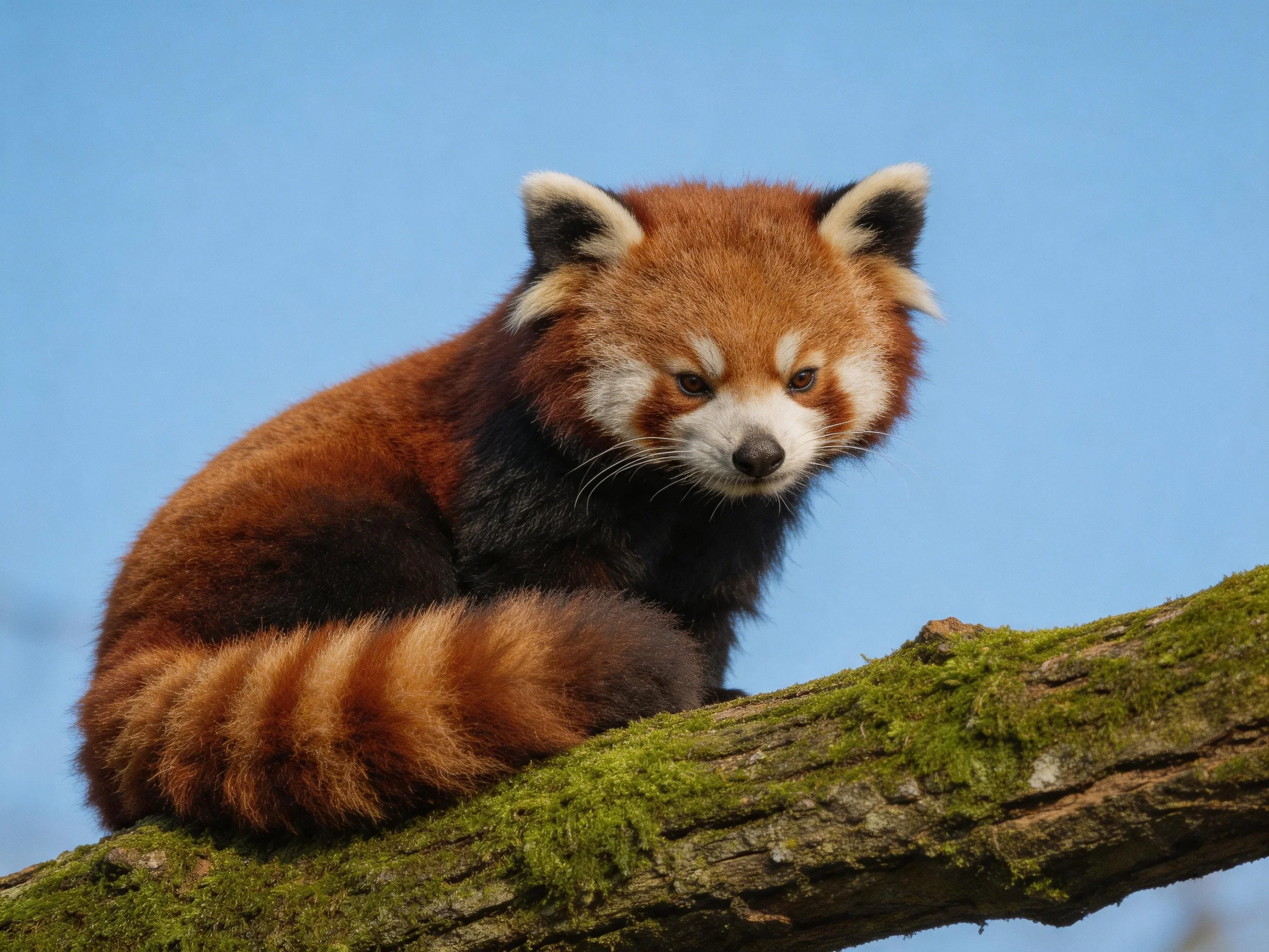 A red panda with reddish-brown fur perches on a moss-laden tree branch