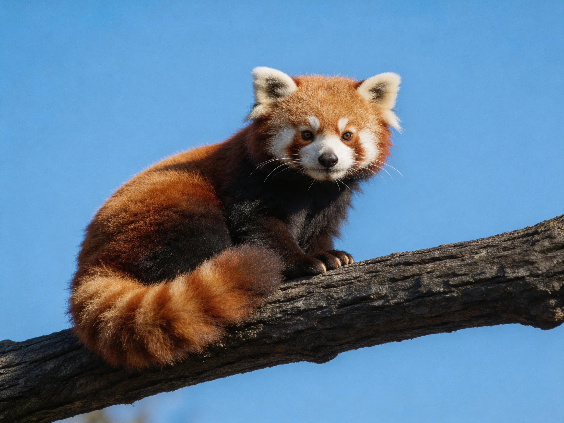 A red panda sits on a dark wooden branch