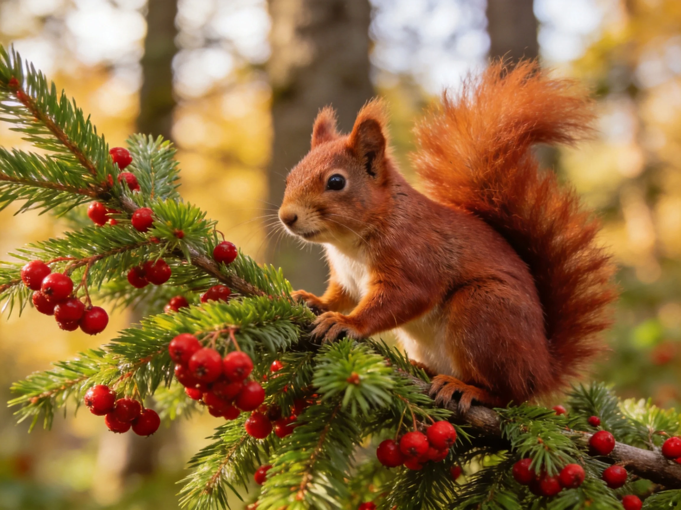 A red squirrel among green foliage with red berries