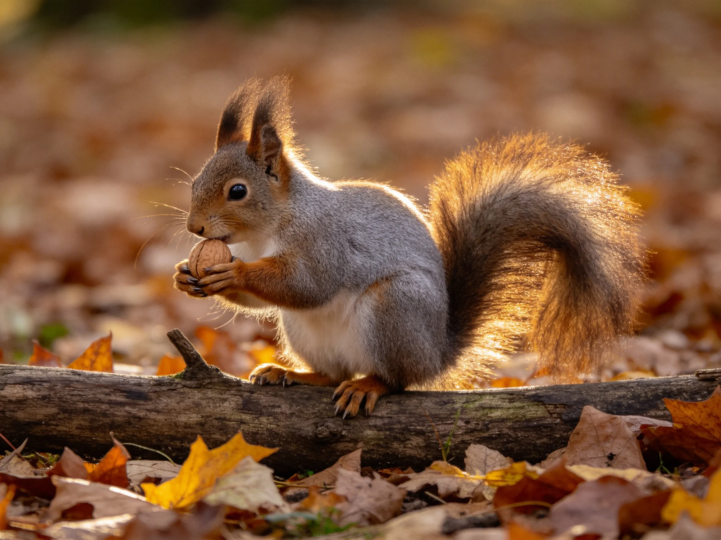 A red squirrel eats a nut while sitting on a log covered in autumn leaves