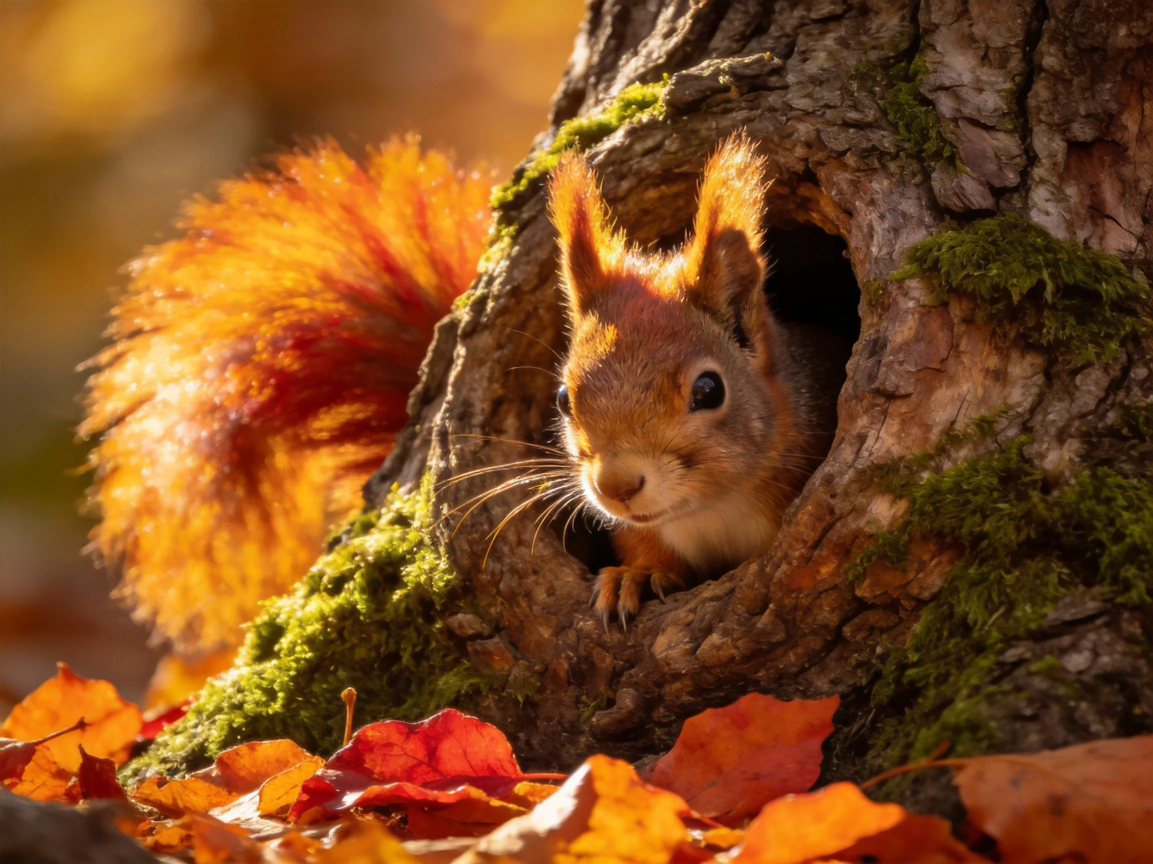 A red squirrel emerges from a moss-covered tree hollow surrounded by autumn leaves
