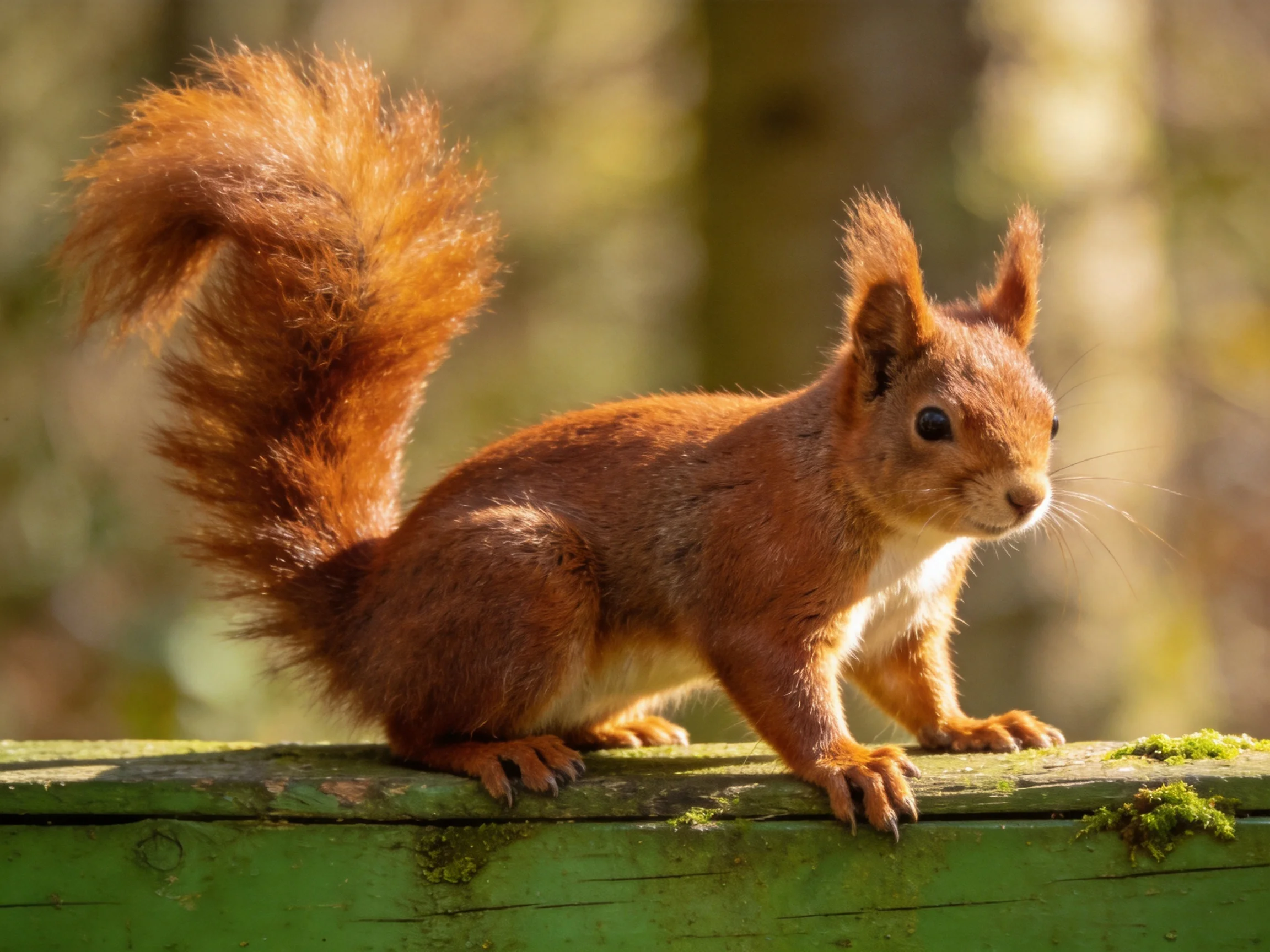A red squirrel perched on a mossy green wooden beam