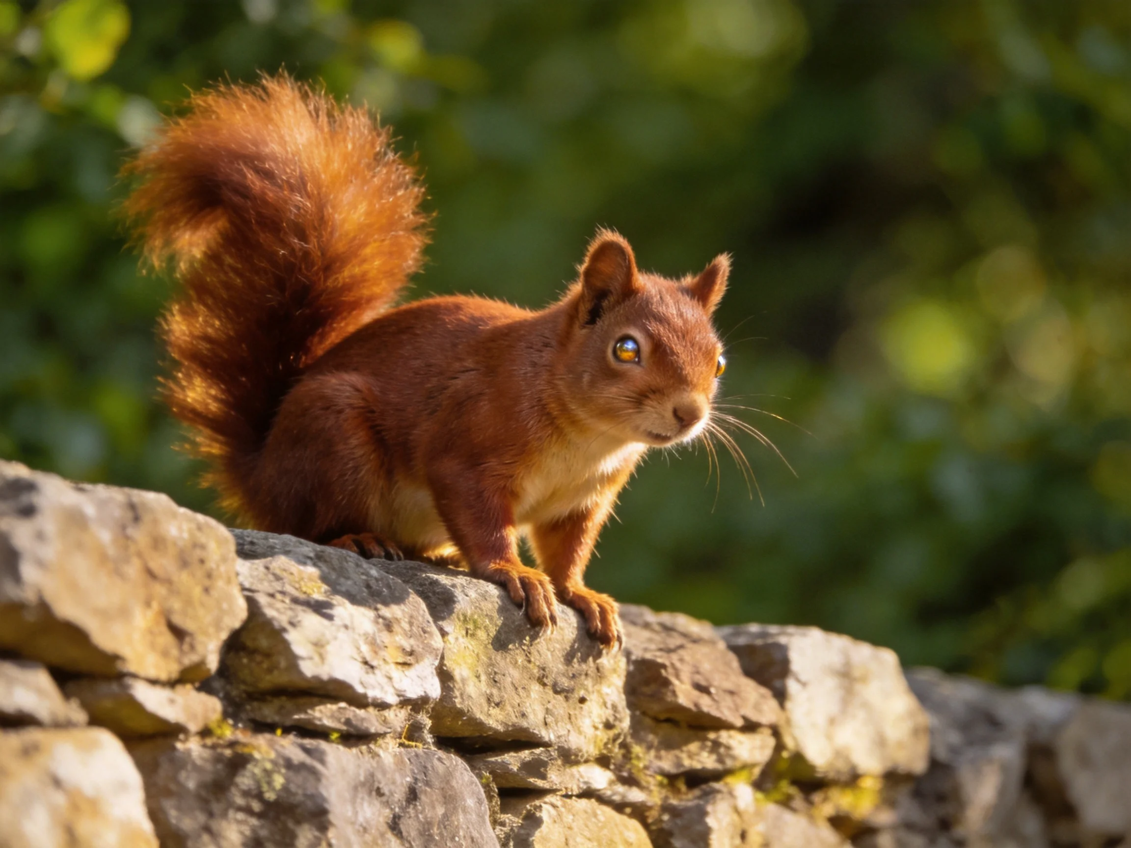 A red squirrel perches on a textured stone wall with green backdrop