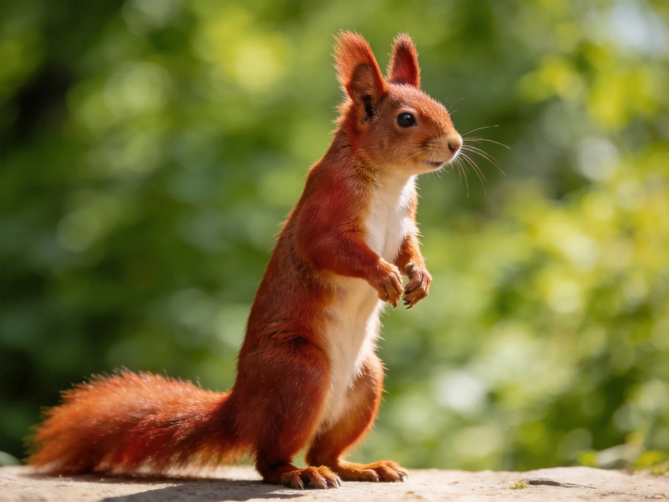 A red squirrel stands upright on a stone surface surrounded by green foliage.