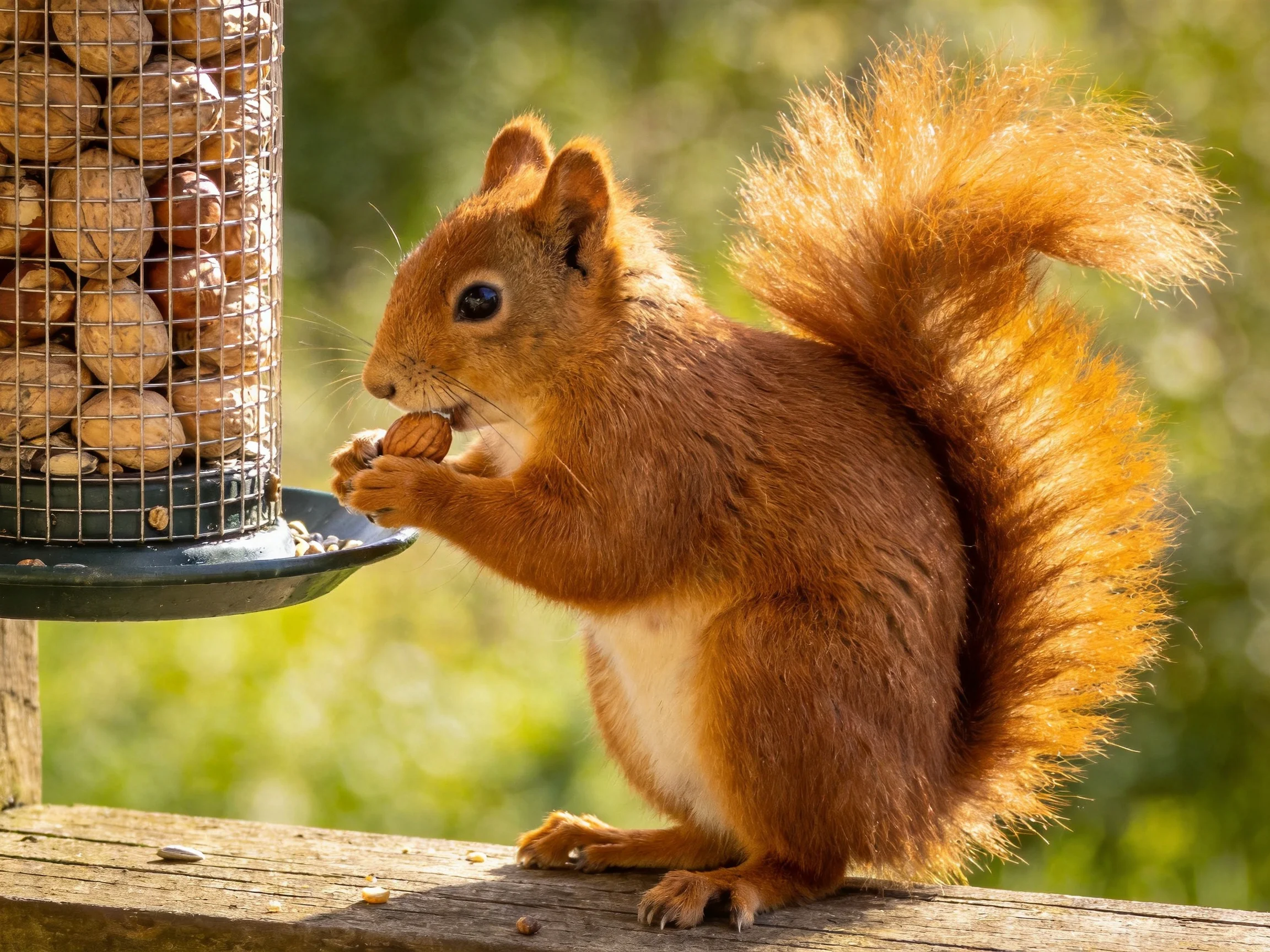 A red squirrel with a bushy tail eats nuts from a wire bird feeder