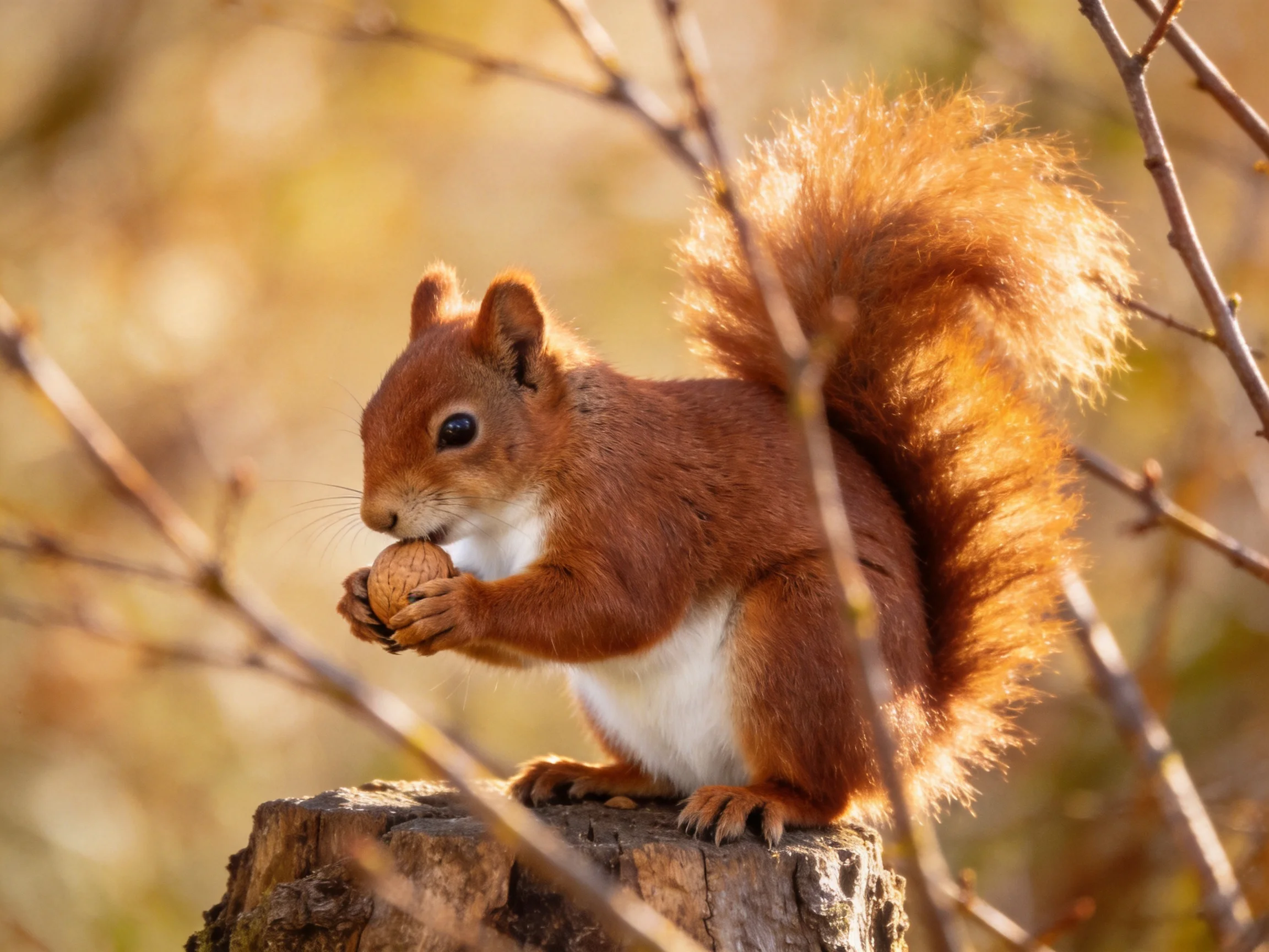 A red squirrel with a bushy tail holds a nut on a tree stump