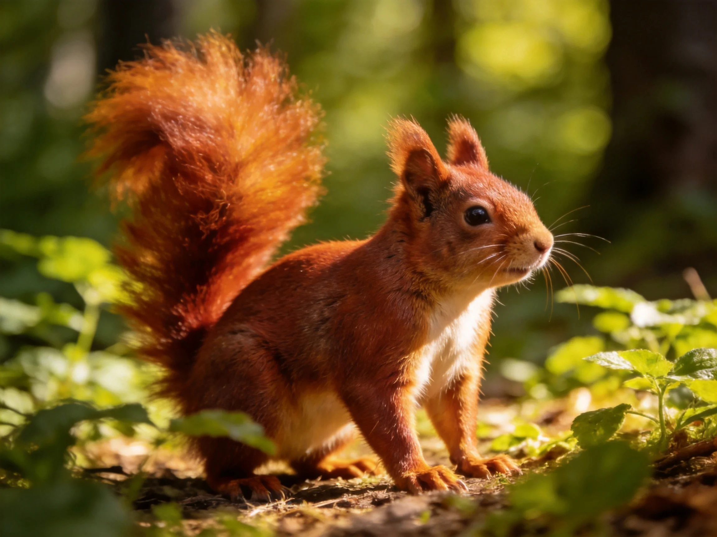 A red squirrel with a fluffy tail in sunlit woodland