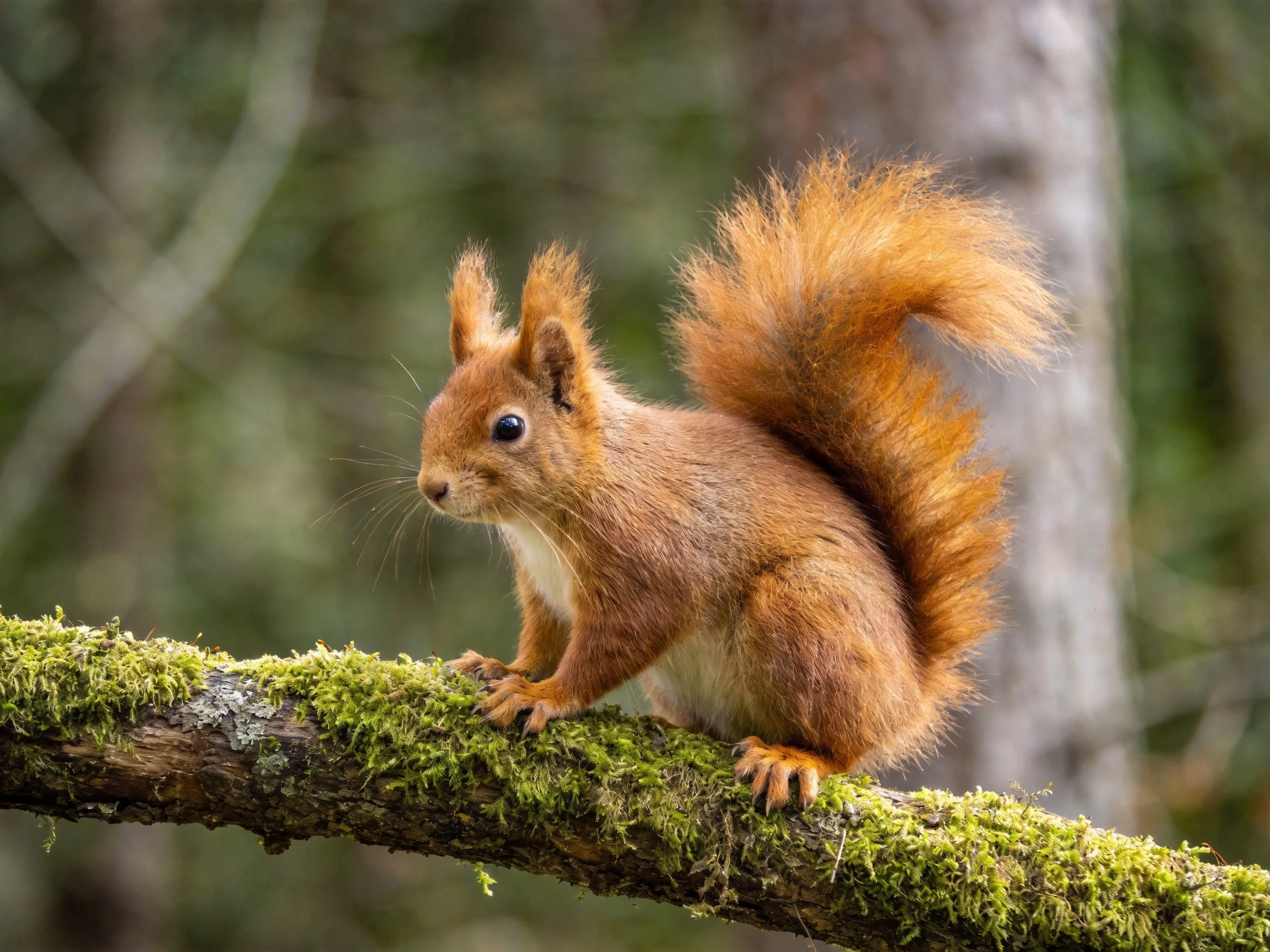 A red squirrel with bushy tail sits on a mossy branch