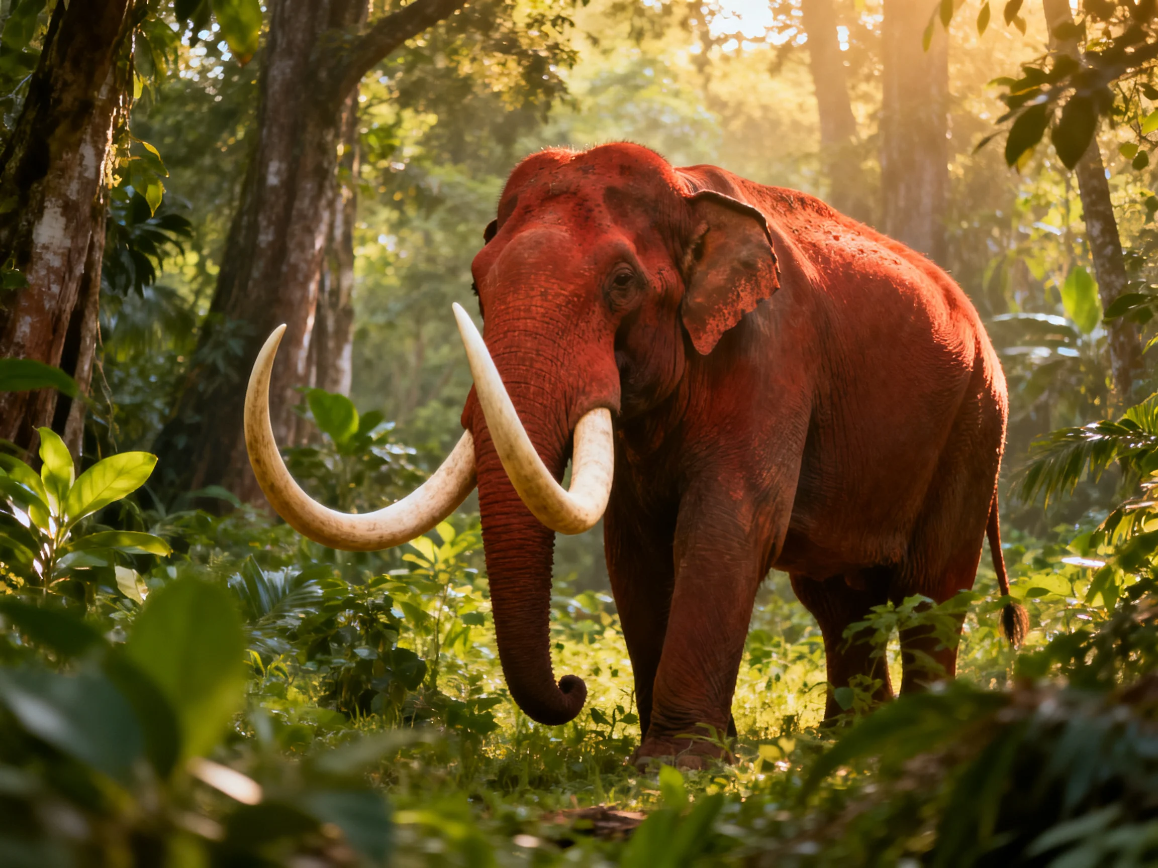 A reddish-b brown elephant with large curved tusks in a sun - dappled forest