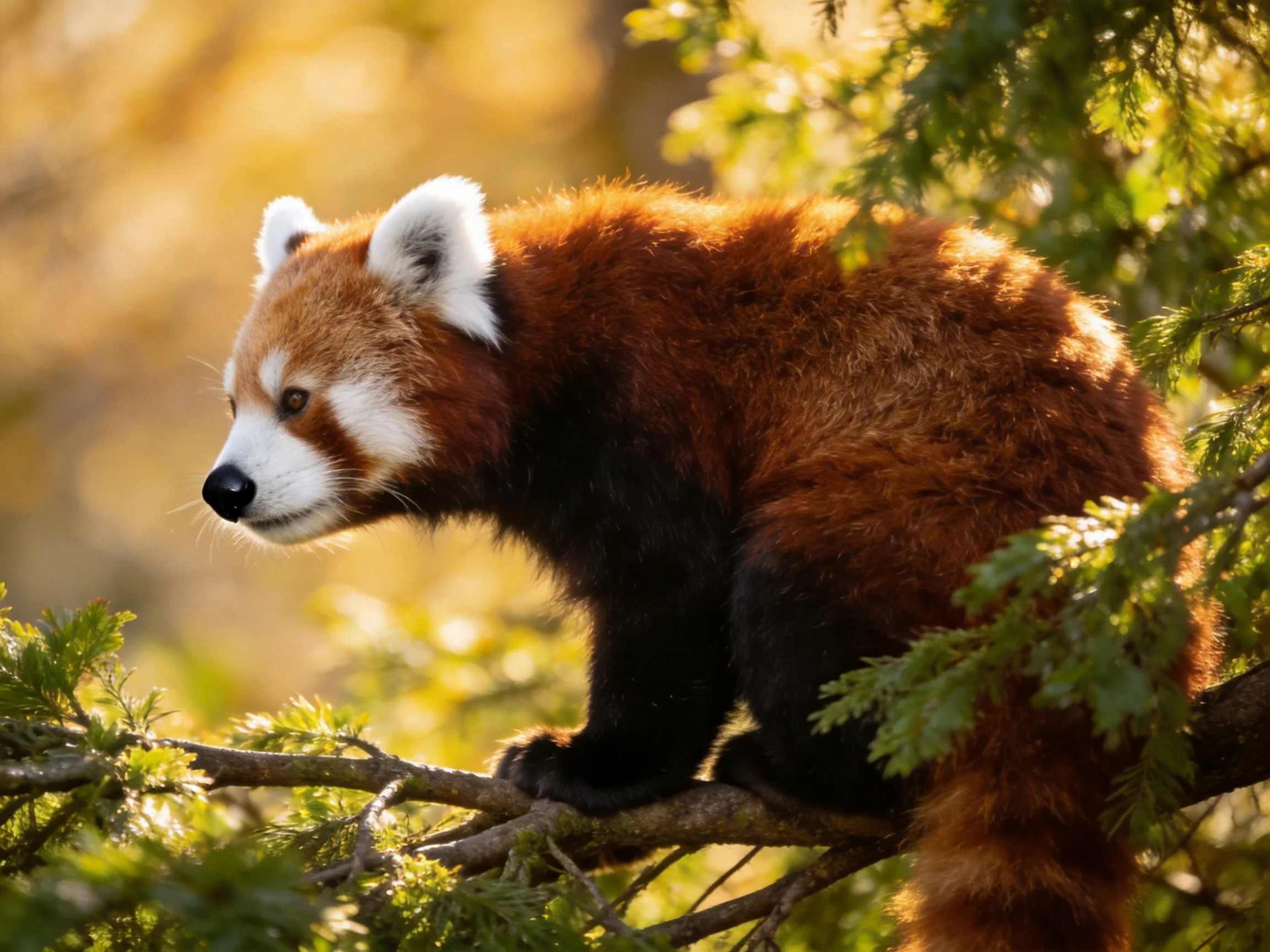 A reddish-b brown red panda perched on a tree branch surrounded by green leaves