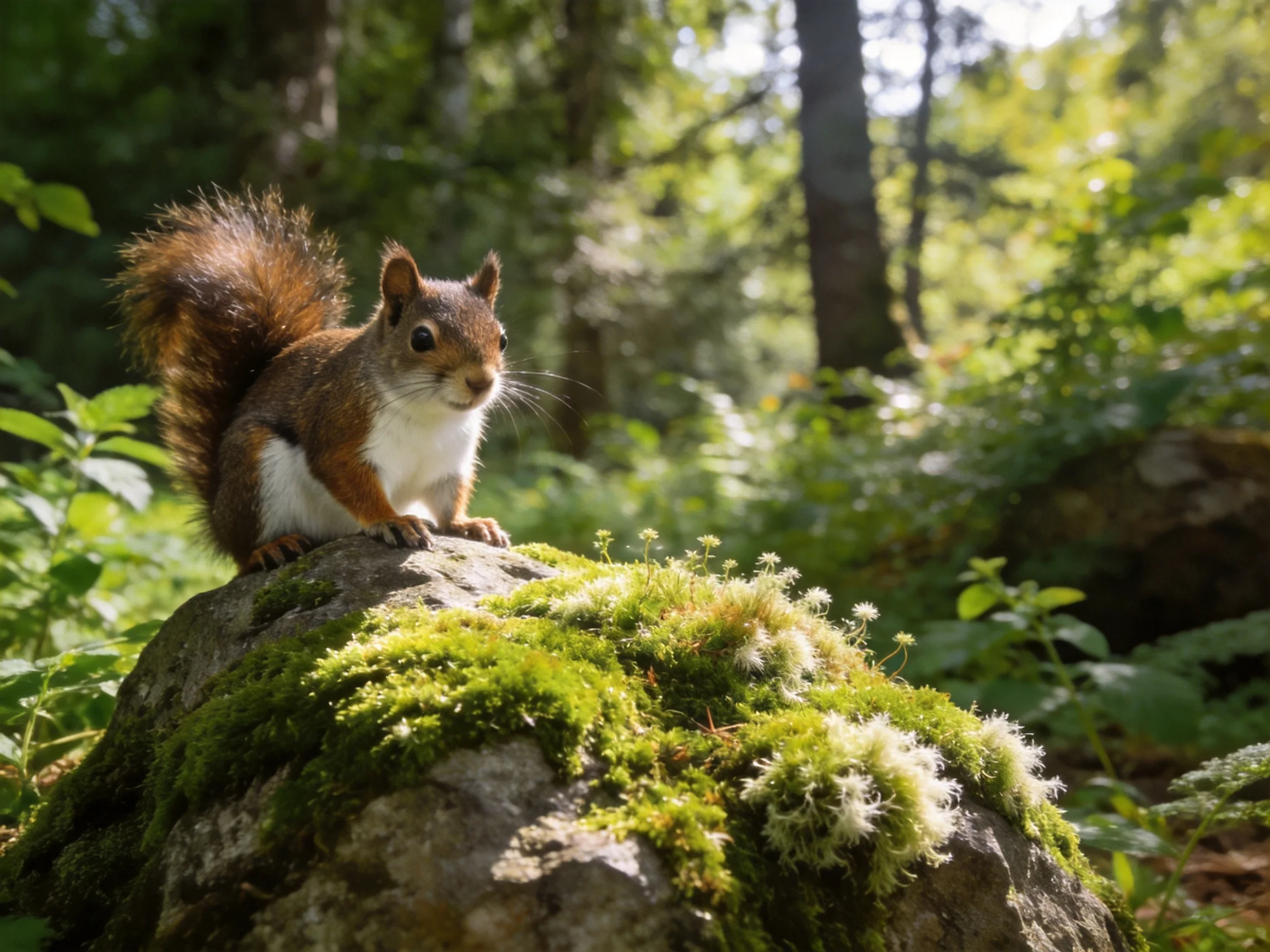 A reddish-b brown squirrel rests on a moss - draped forest rock
