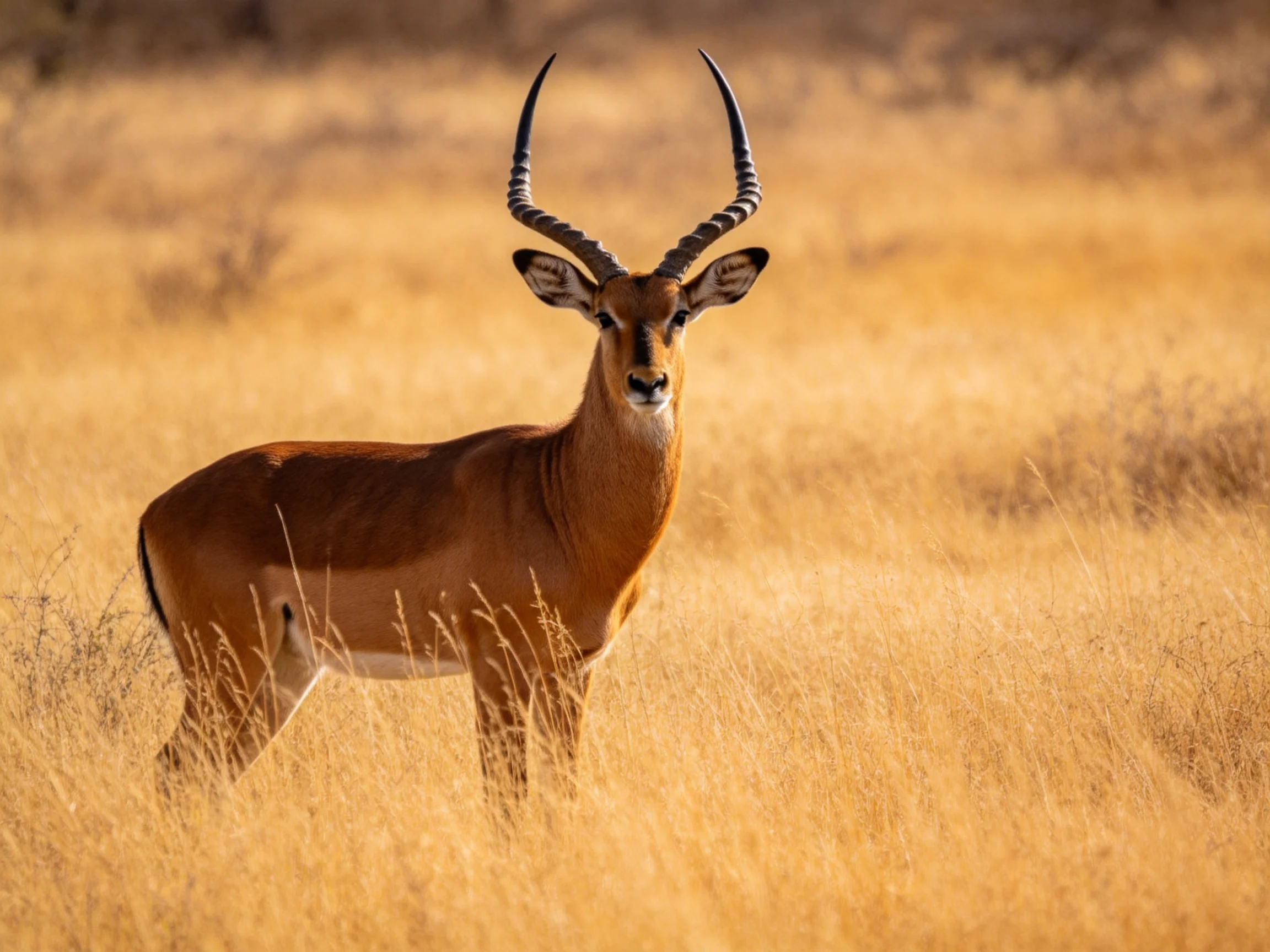 A reddish-brown antelope with curved horns in golden savannah