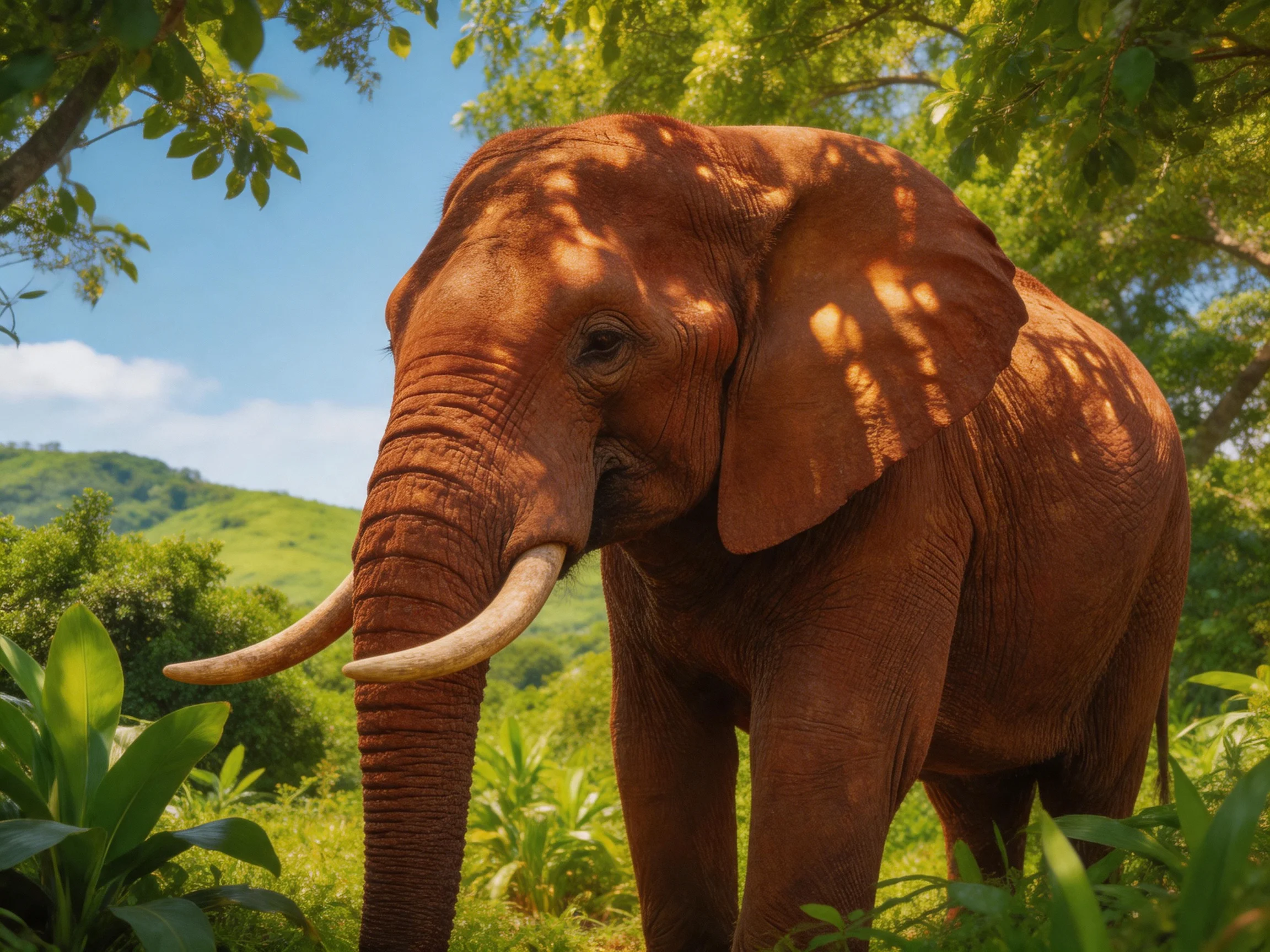 A reddish - brown elephant stands among lush green foliage under bright sunlight