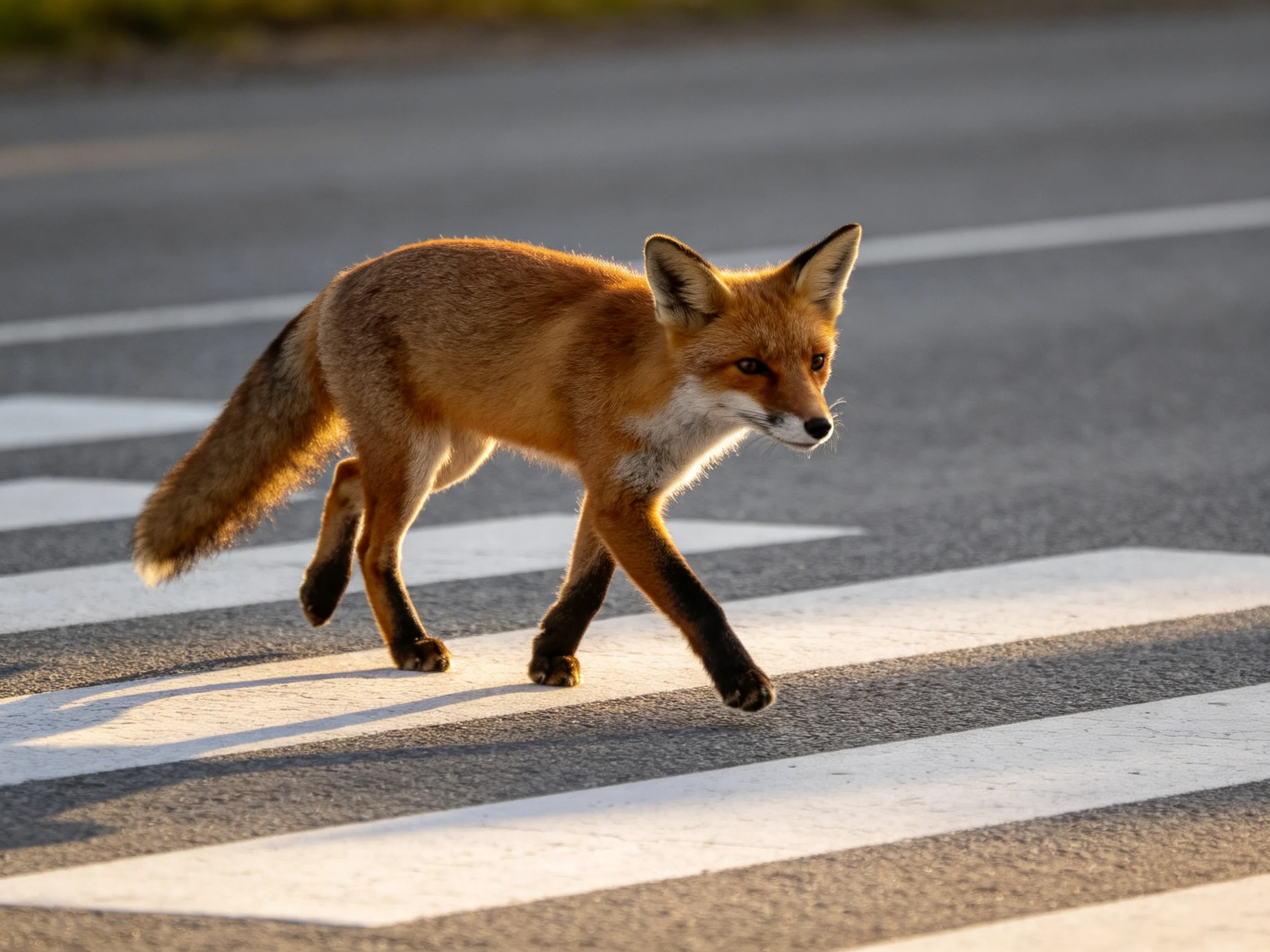 A reddish-brown fox crosses a crosswalk with white stripes.