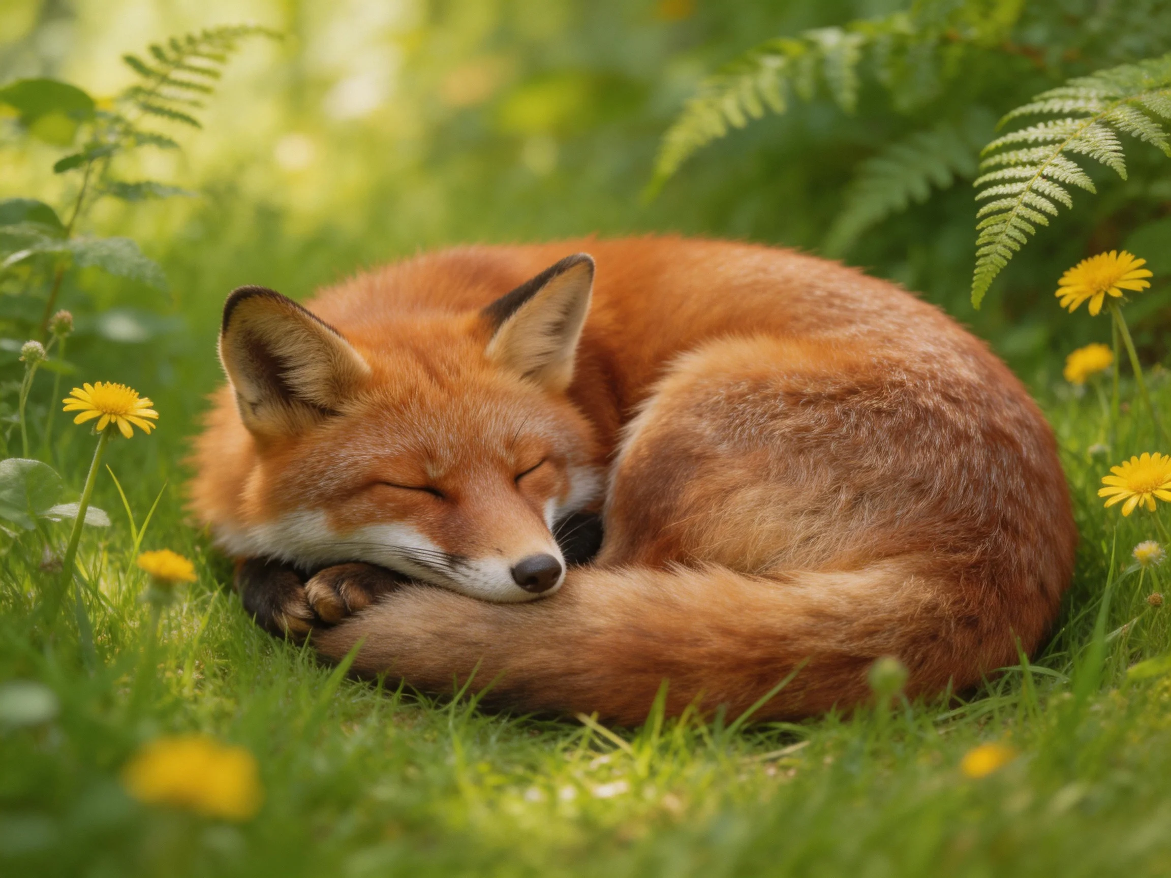 A reddish - brown fox curls asleep in a meadow with green grass and yellow flowers.