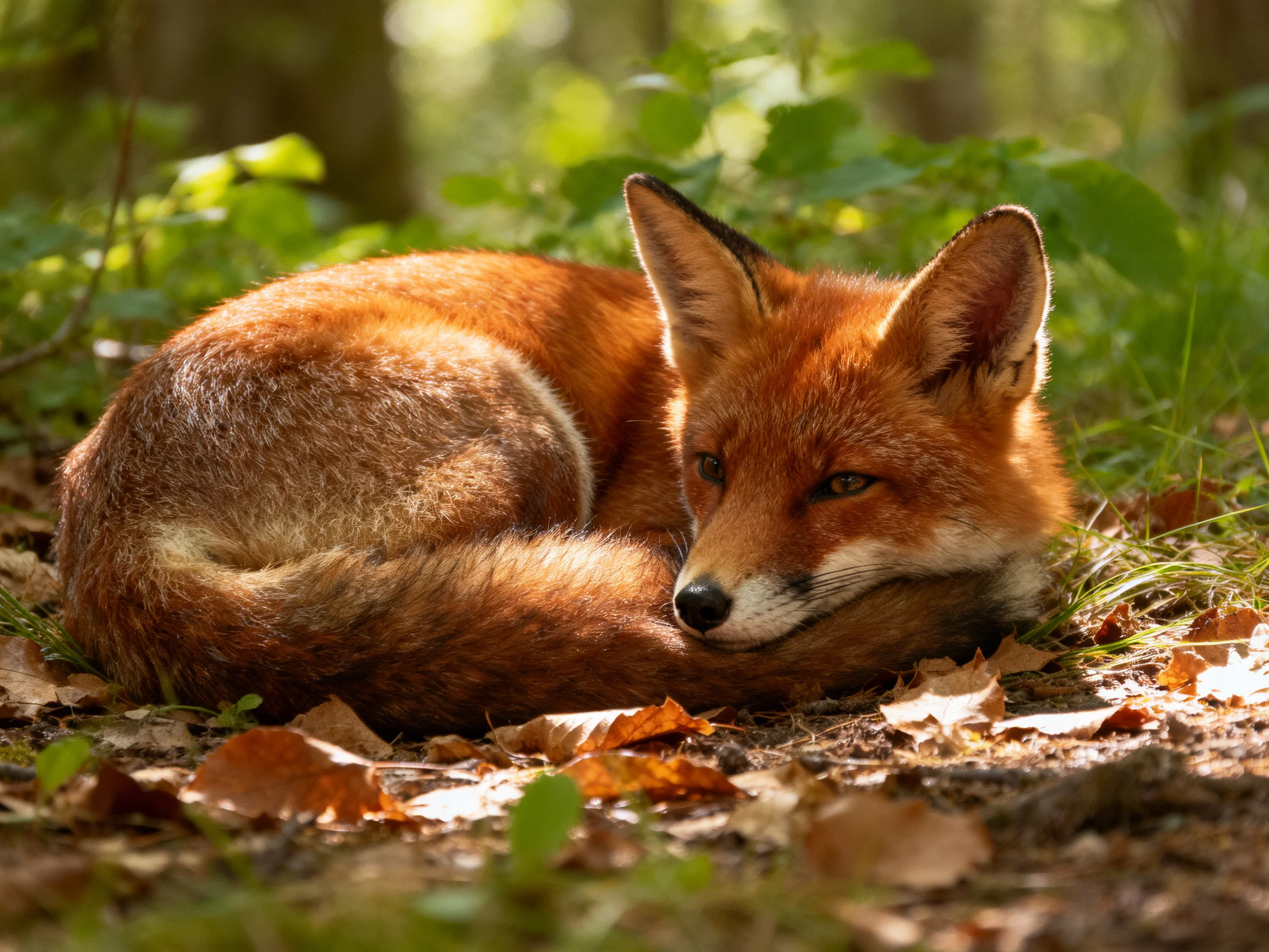A reddish-brown fox curled in a sunlit leaf-filled forest