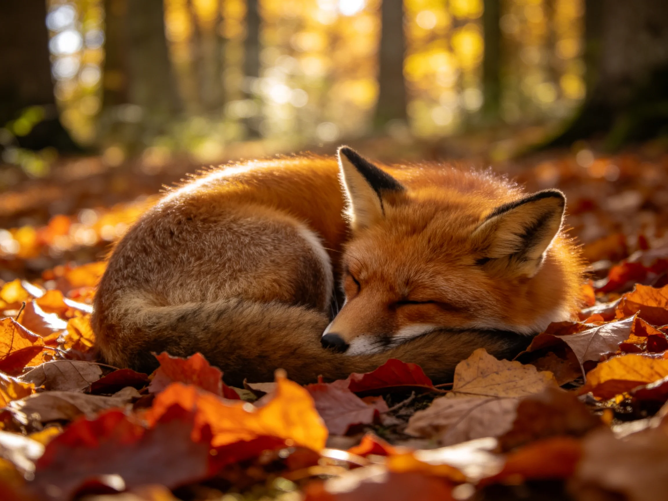 A reddish-brown fox curled in autumn leaves