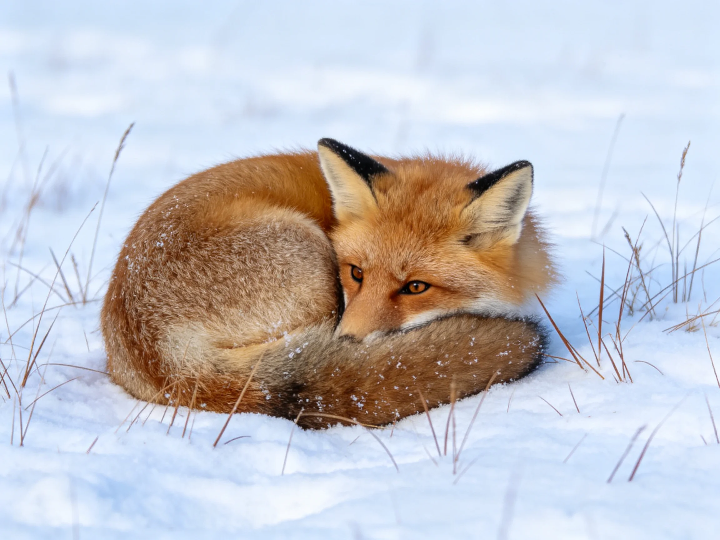 A reddish-brown fox curls in a snowy landscape with sparse grasses