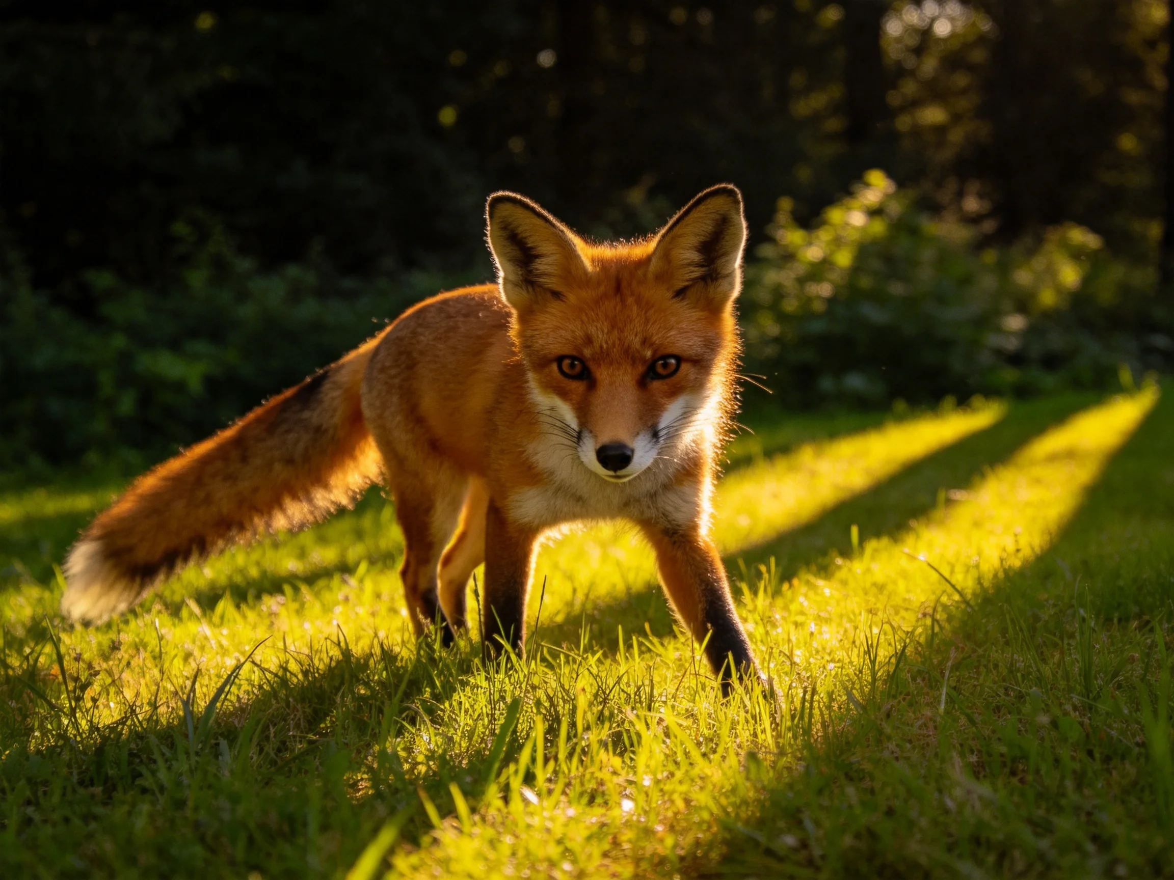 A reddish-brown fox explores sunlit green grass