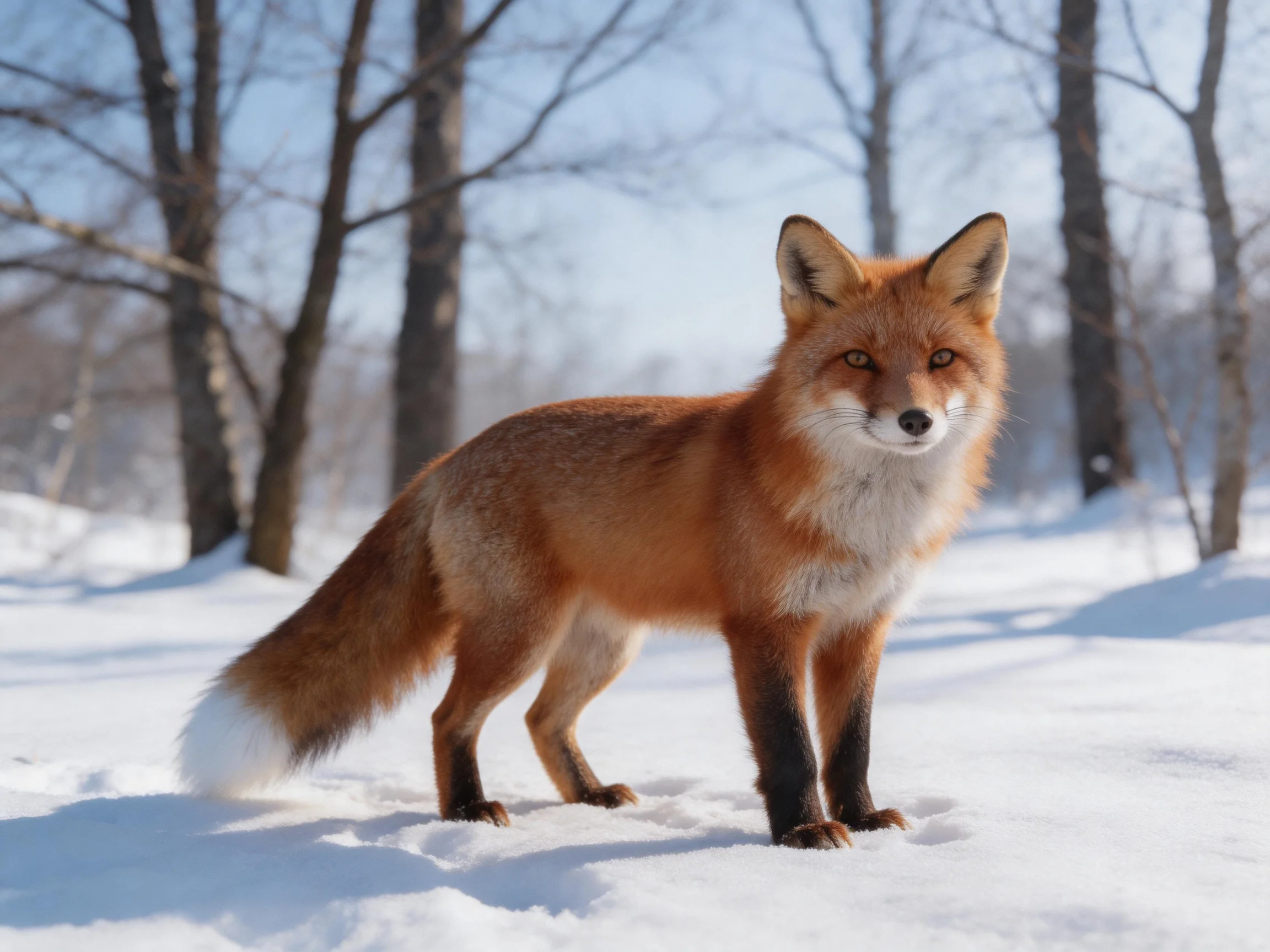 A fox stands in a snowy forest.