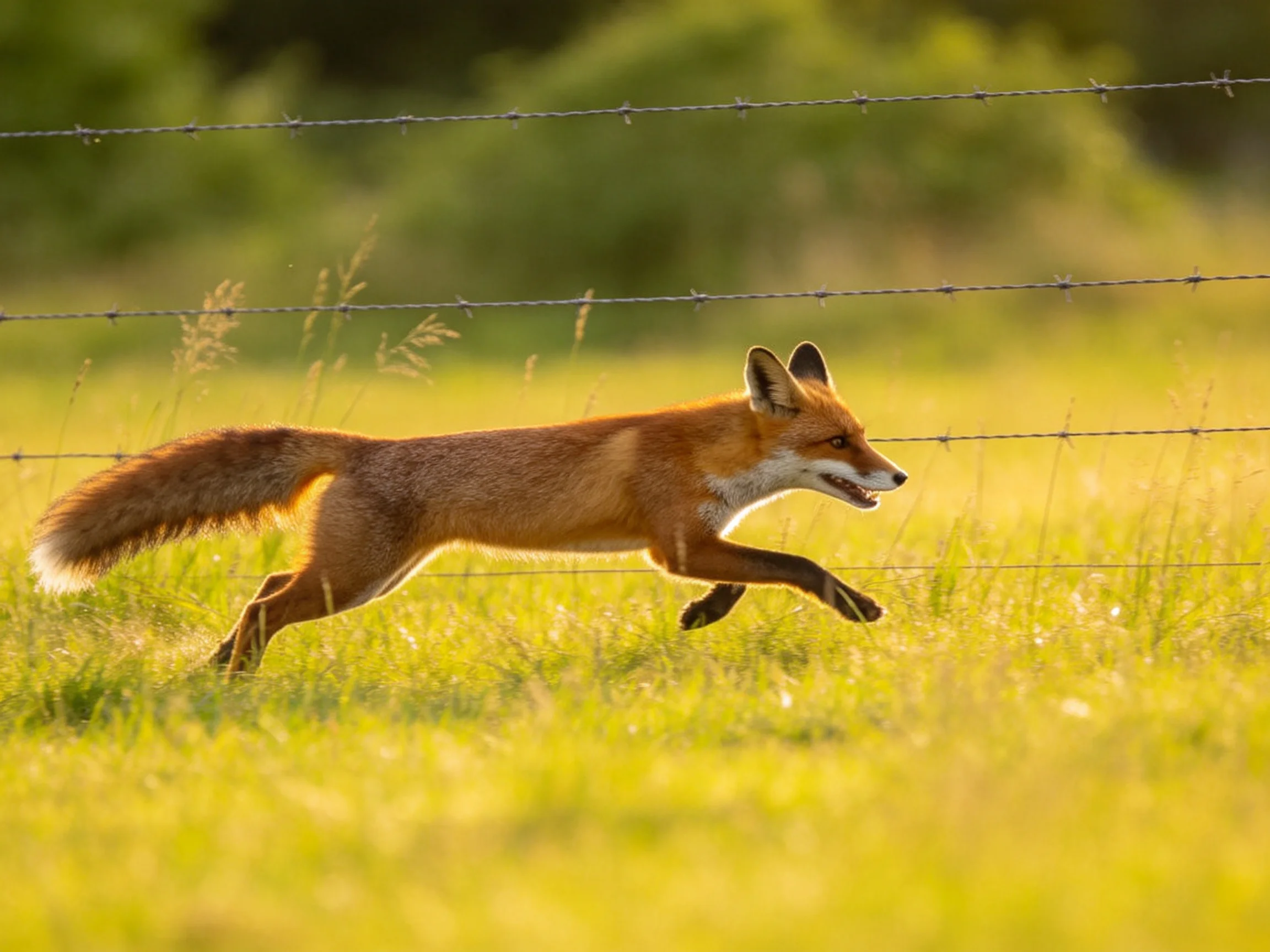 A reddish-brown fox leaps near barbed wire in a sunlit meadow