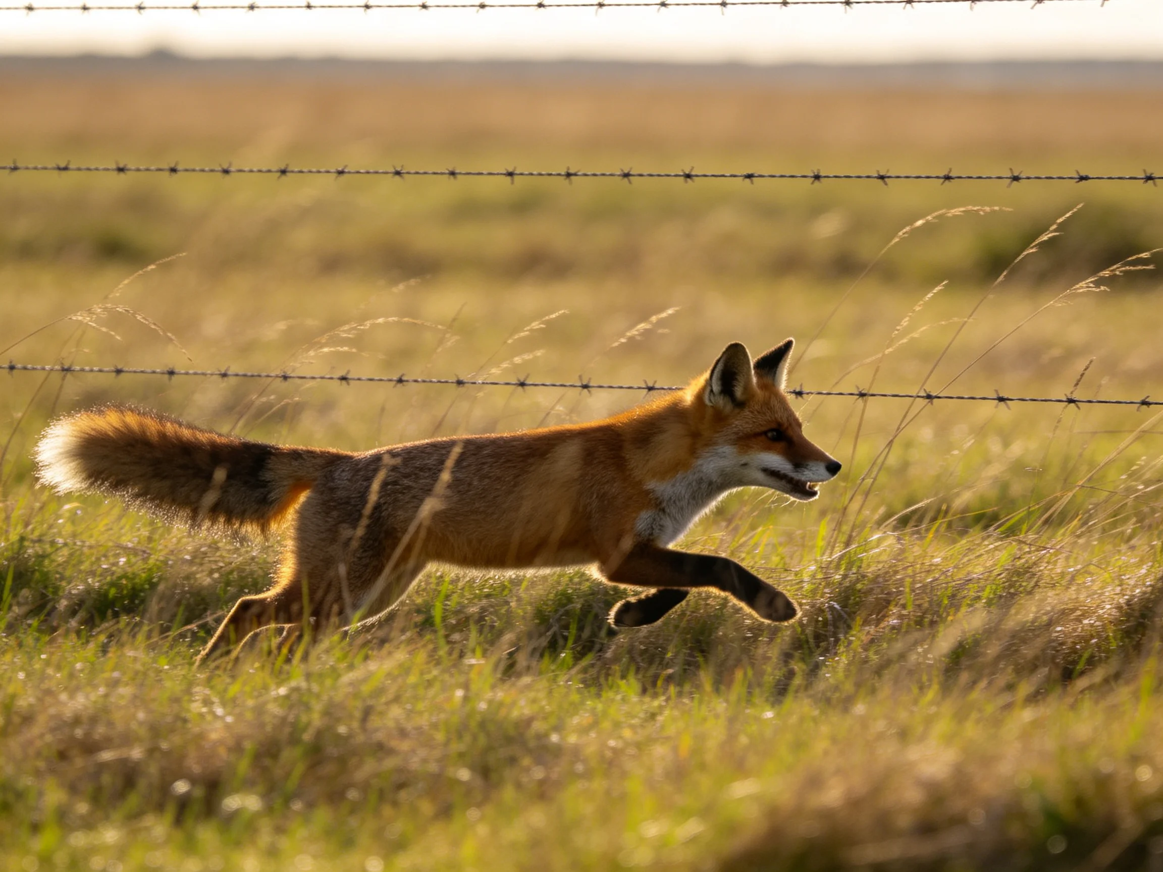 A reddish-brown fox leaps near barbed wire in golden grass