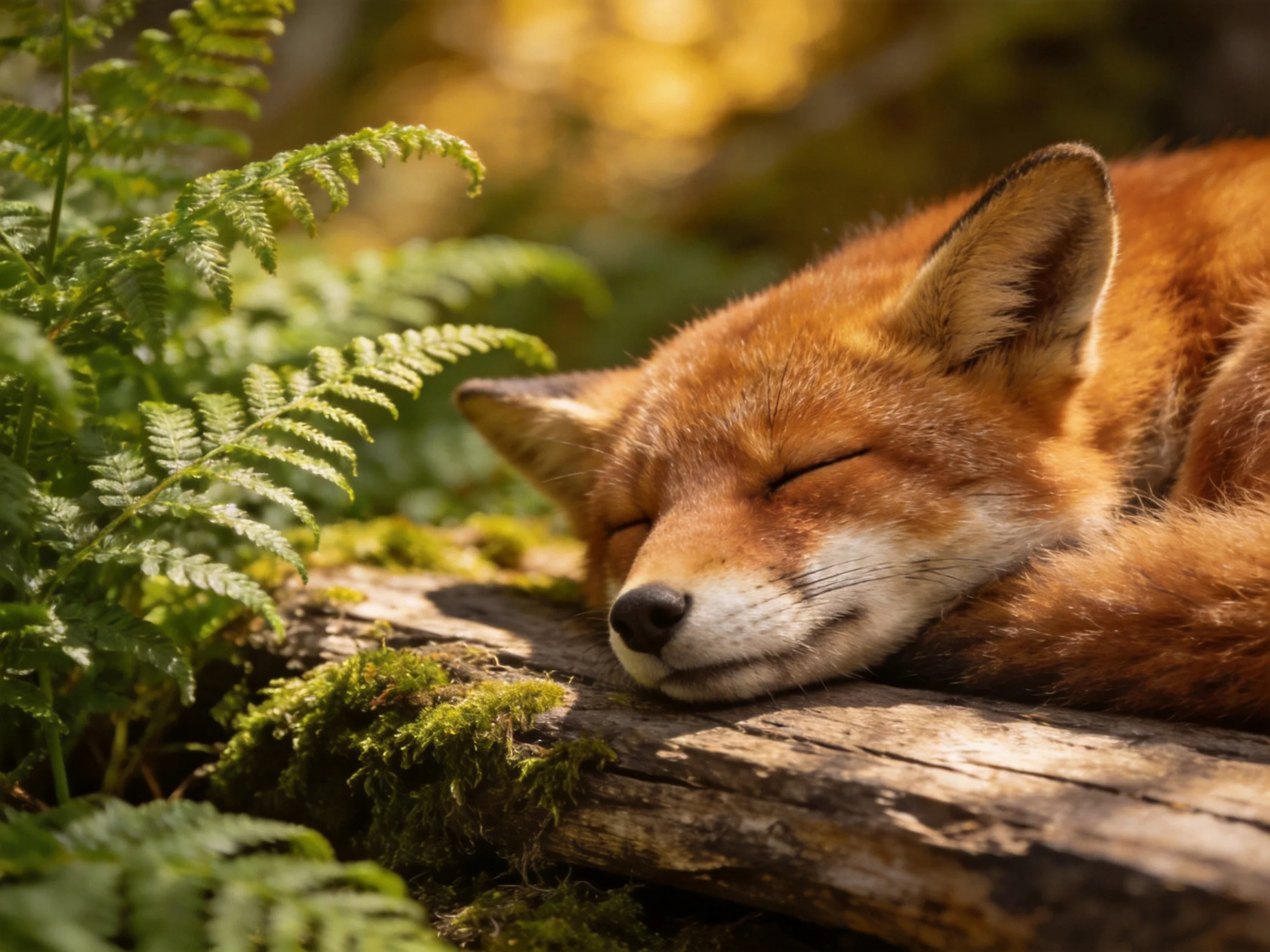 A reddish-brown fox naps on a mossy log amid ferns
