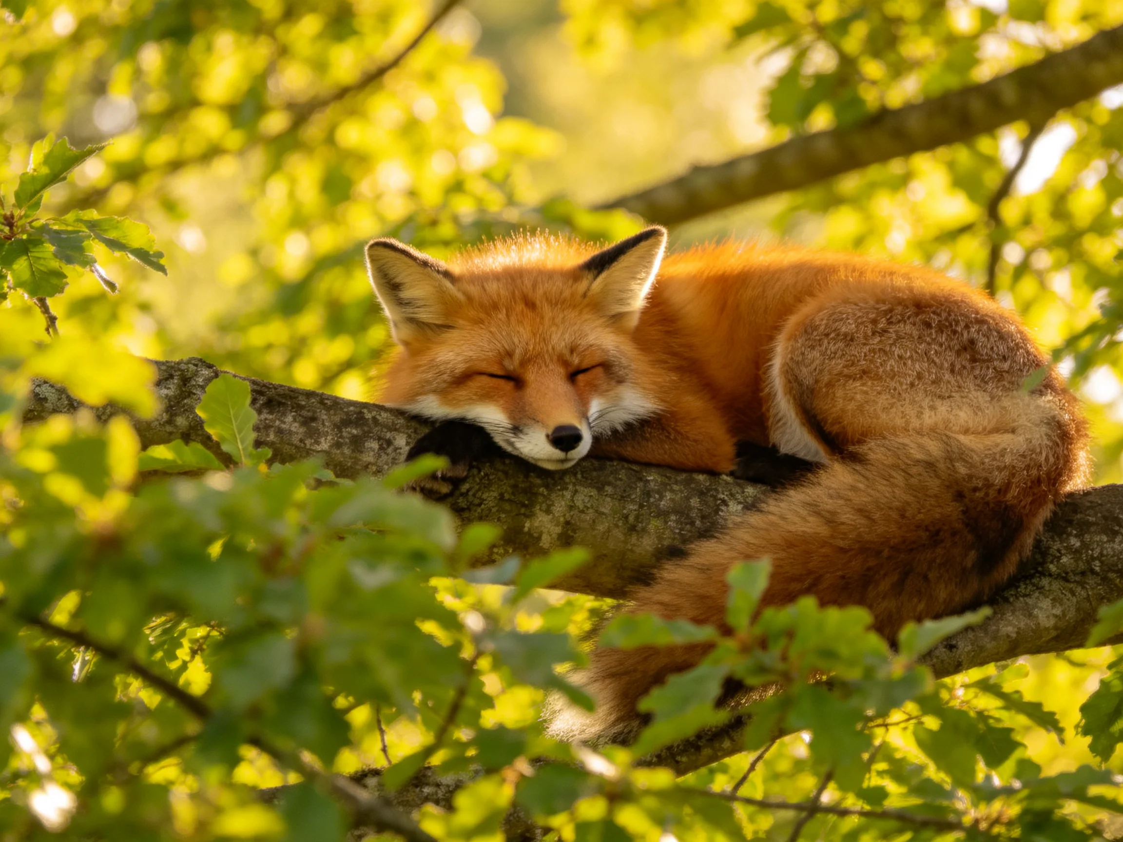A reddish - brown fox naps on a sunlit tree branch among green foliage