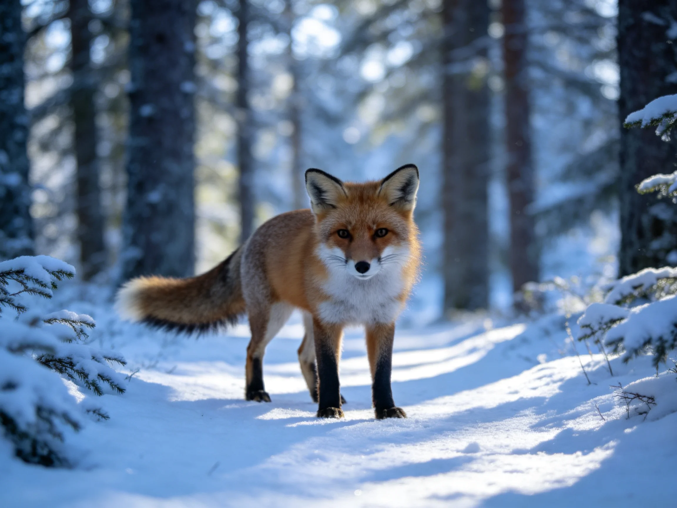 A reddish - brown fox on a snow - covered forest path