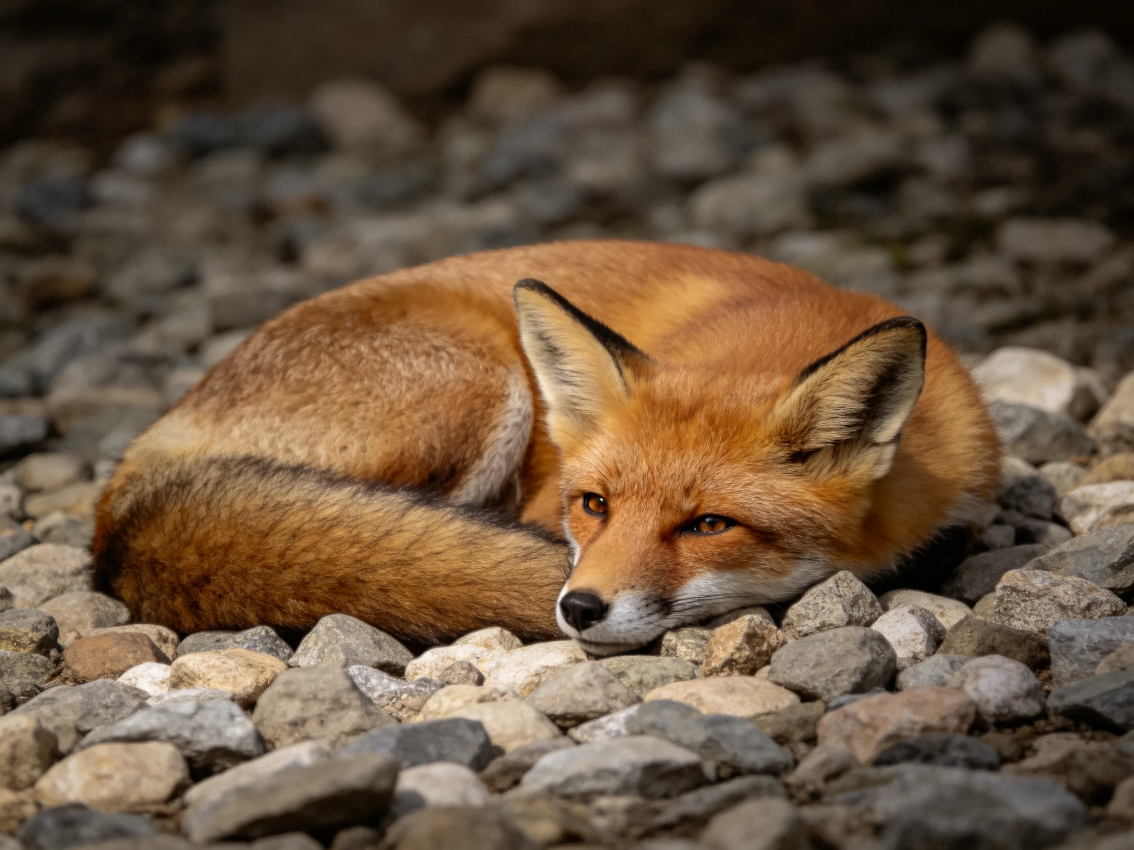 A reddish-brown fox rests curled amid smooth gray pebbles