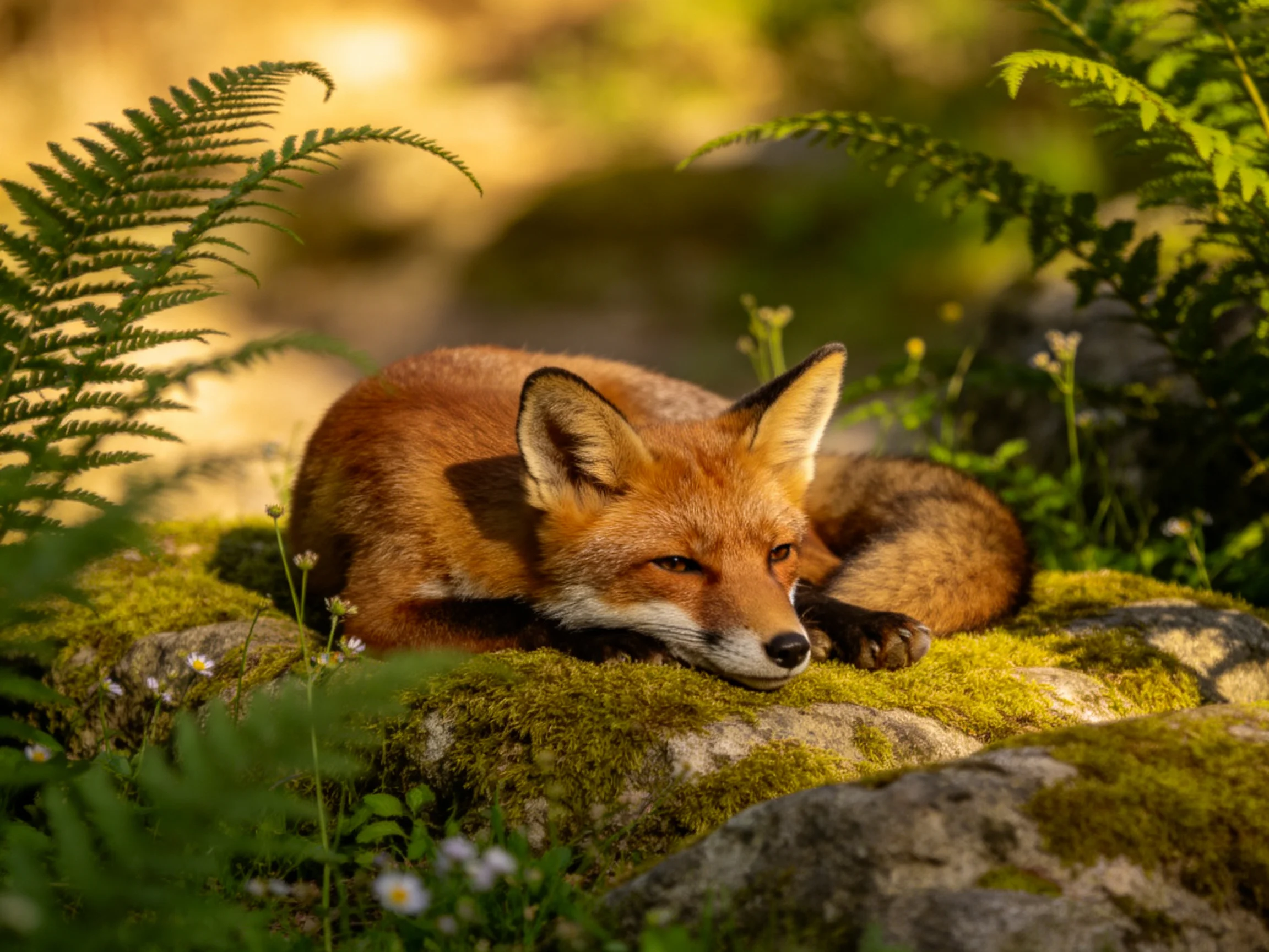 A reddish-brown fox rests on a moss-covered rock amid ferns