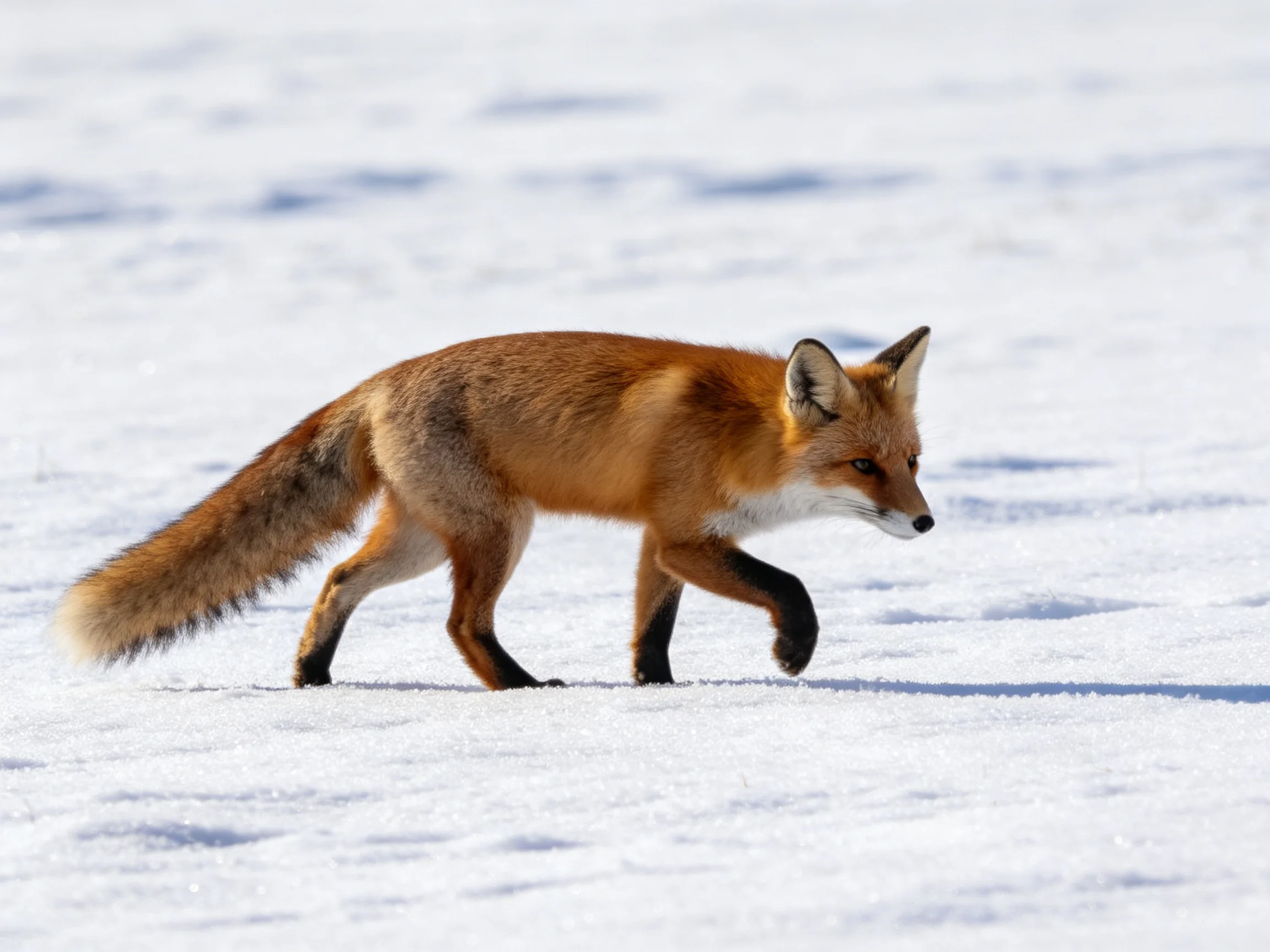 A reddish-brown fox roams a snowy landscape.