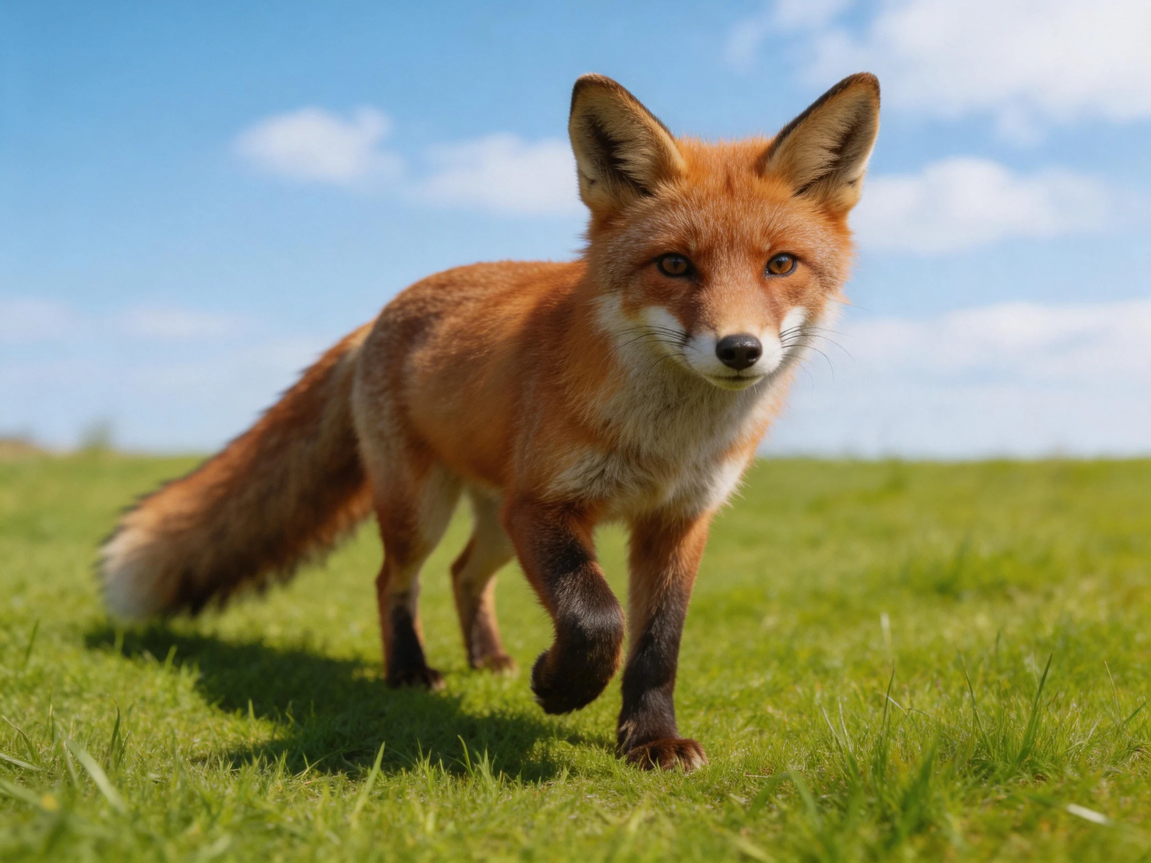A reddish - brown fox roams through lush green grass under a clear blue sky